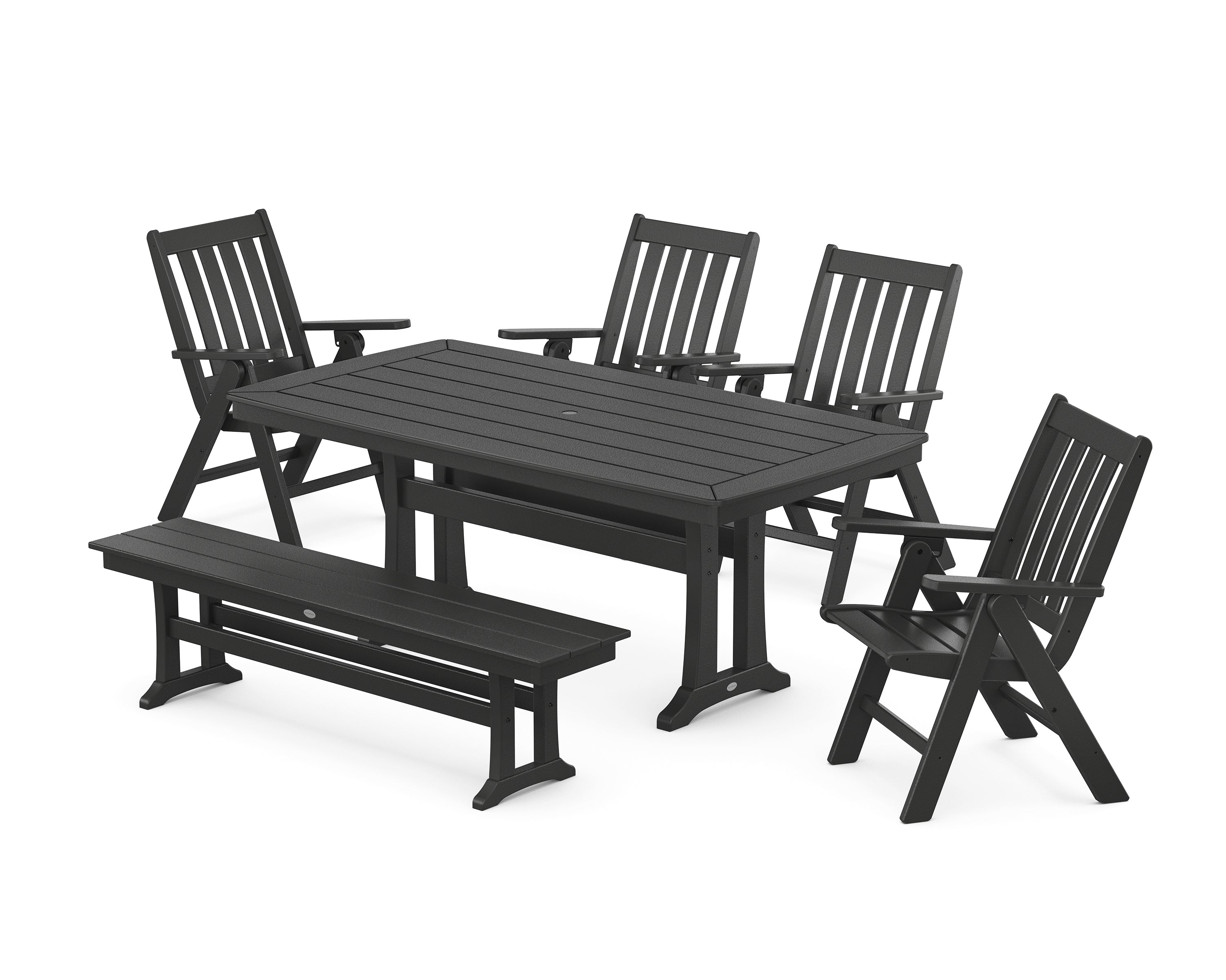 POLYWOOD Vineyard Folding Chair 6-Piece Dining Set with Trestle Legs and Bench in Black