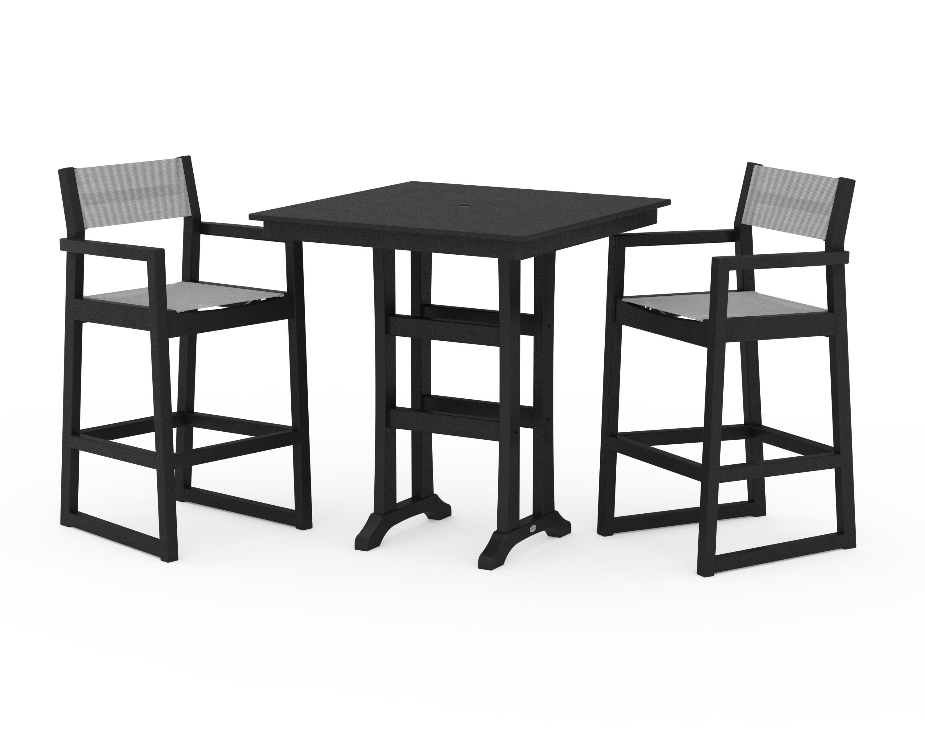POLYWOOD EDGE Sling Arm Chair 3-Piece Farmhouse Bar Set with Trestle Legs in Black / Metallic Sling