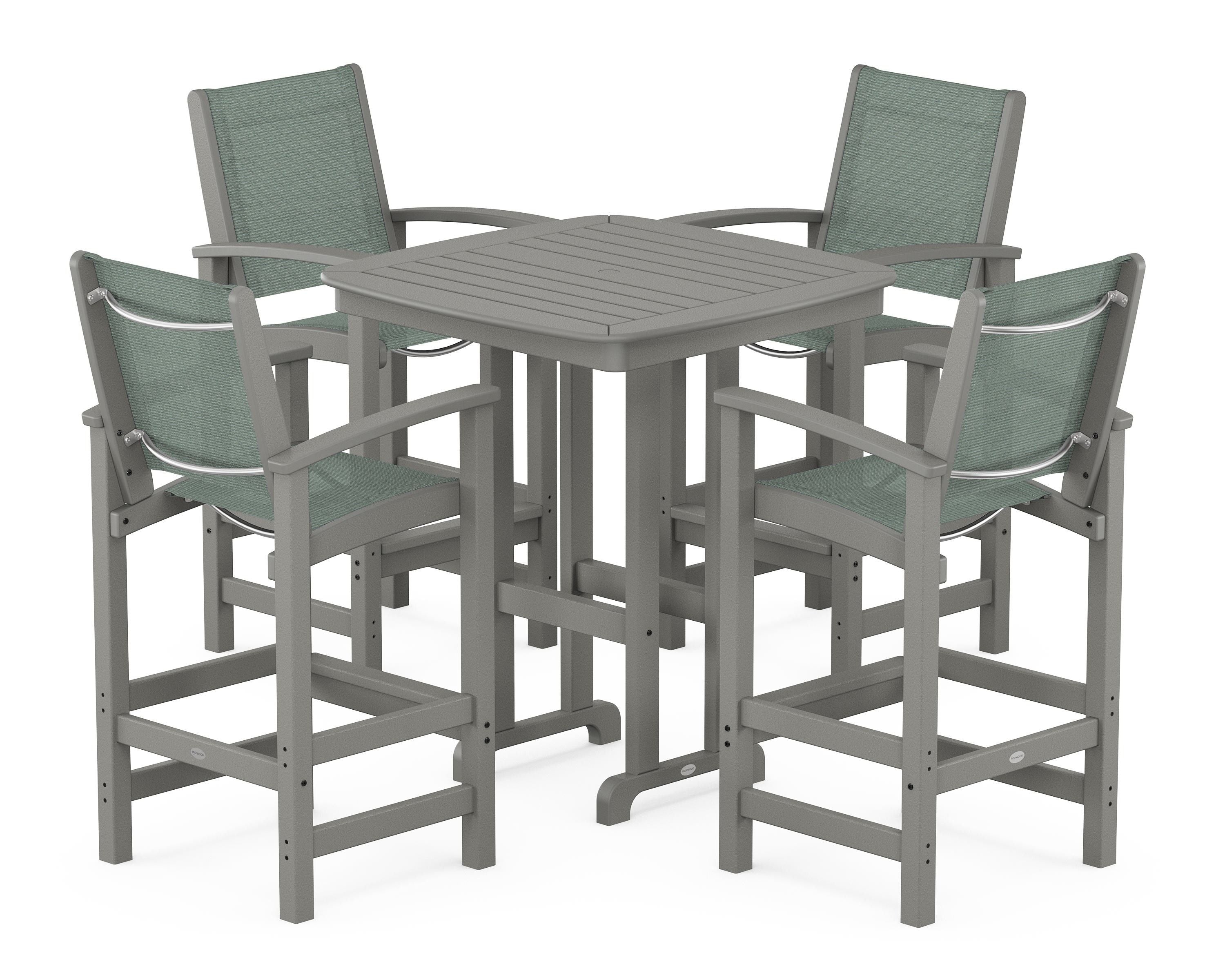 POLYWOOD Coastal 5-Piece Bar Set in Slate Grey / Dupioni Sea Mist Sling