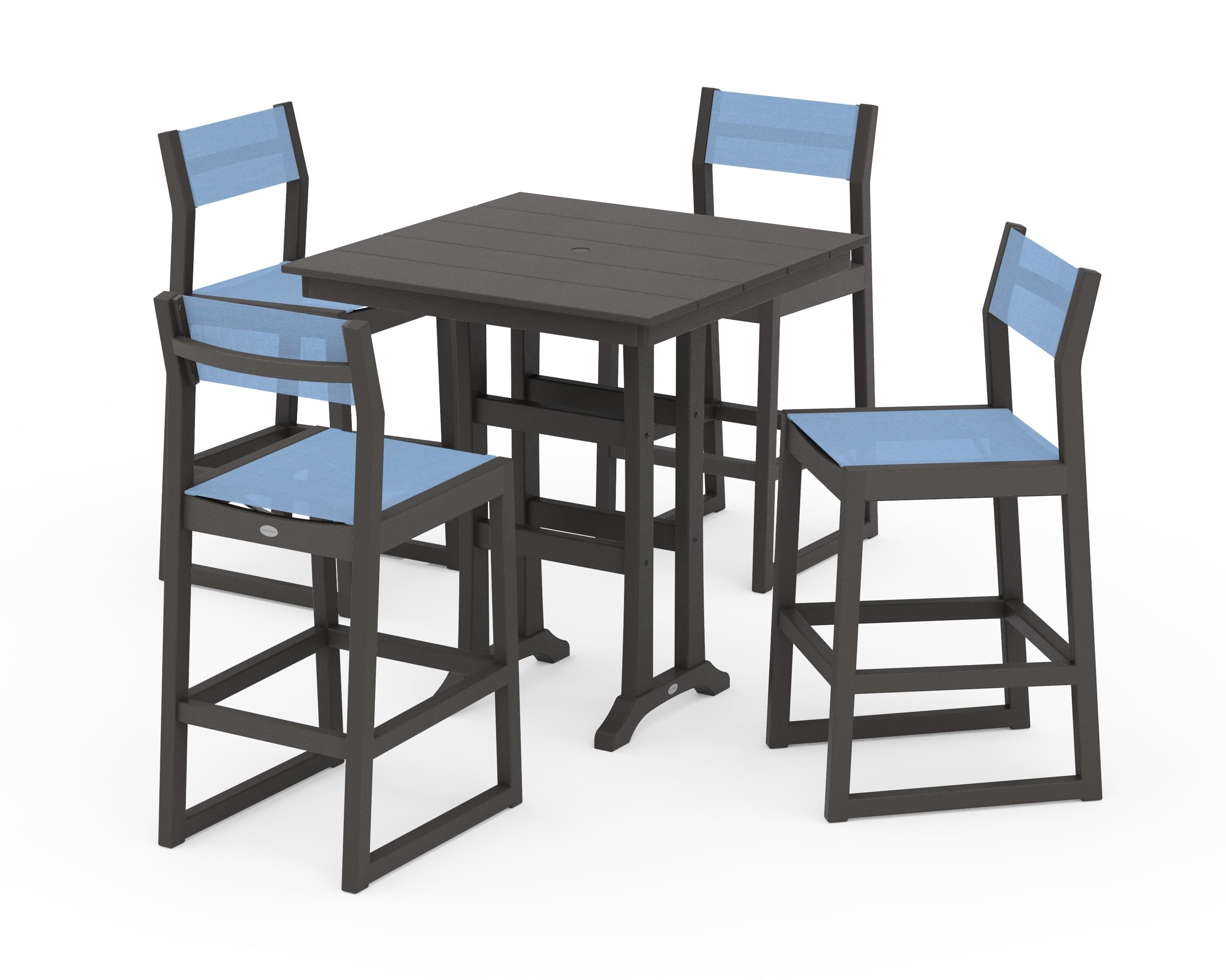 POLYWOOD EDGE Sling Arm Chair 5-Piece Farmhouse Bar Set with Trestle Legs in Vintage Coffee / Poolside Sling