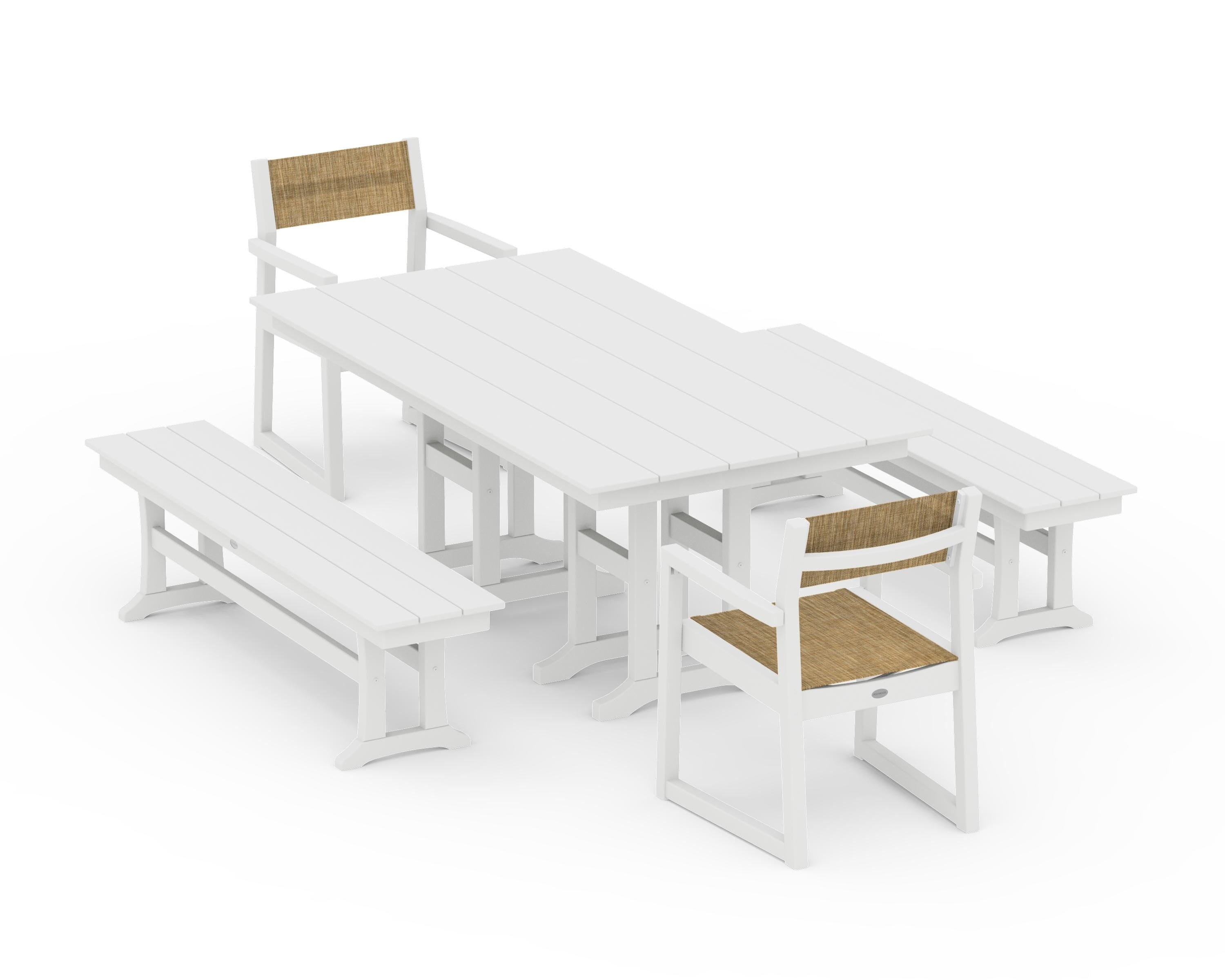 POLYWOOD EDGE Sling Arm Chair 5-Piece Farmhouse Dining Set with Benches in White / Burlap Sling