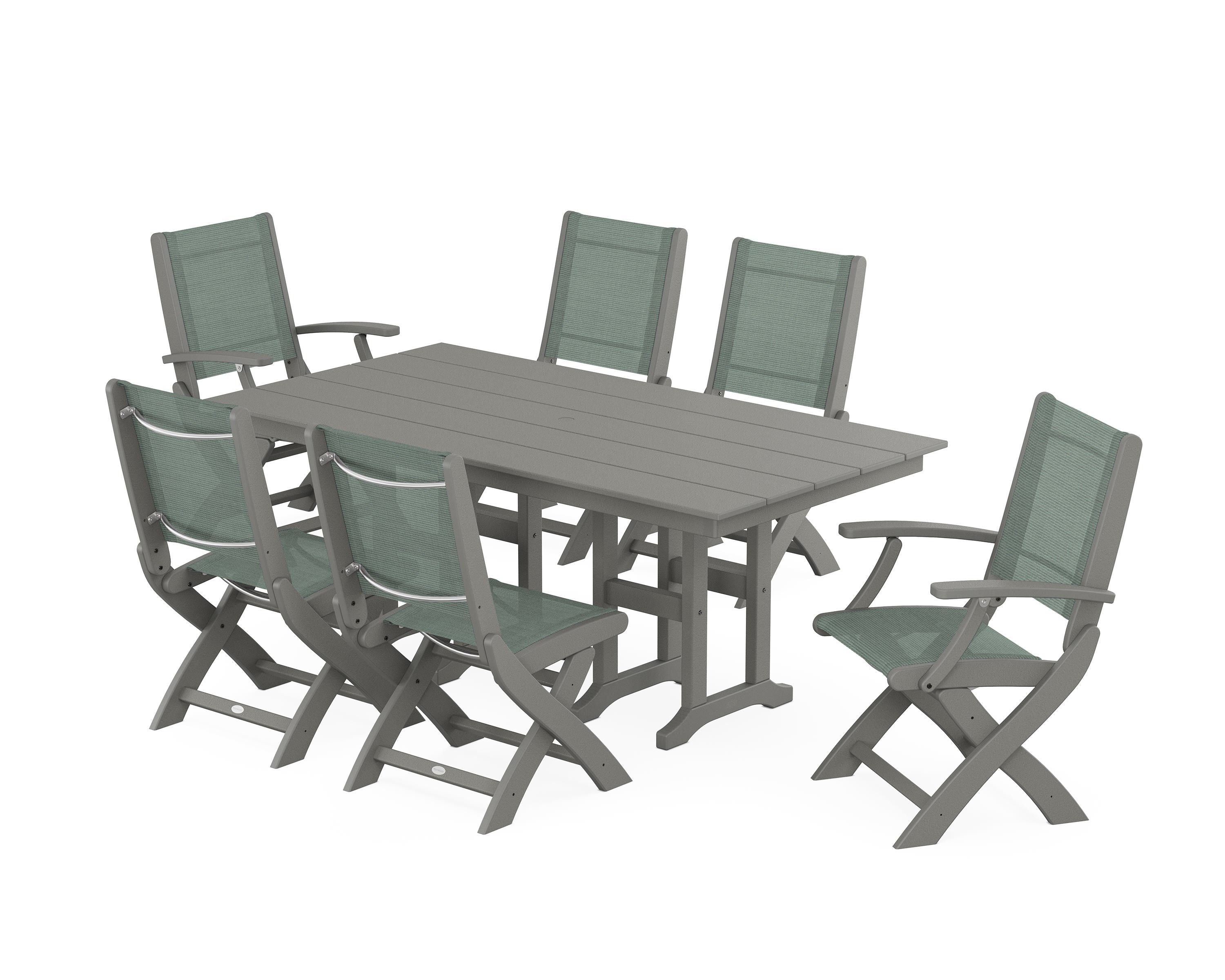 POLYWOOD Coastal Folding Chair 7-Piece Farmhouse Dining Set in Slate Grey / Dupioni Sea Mist Sling
