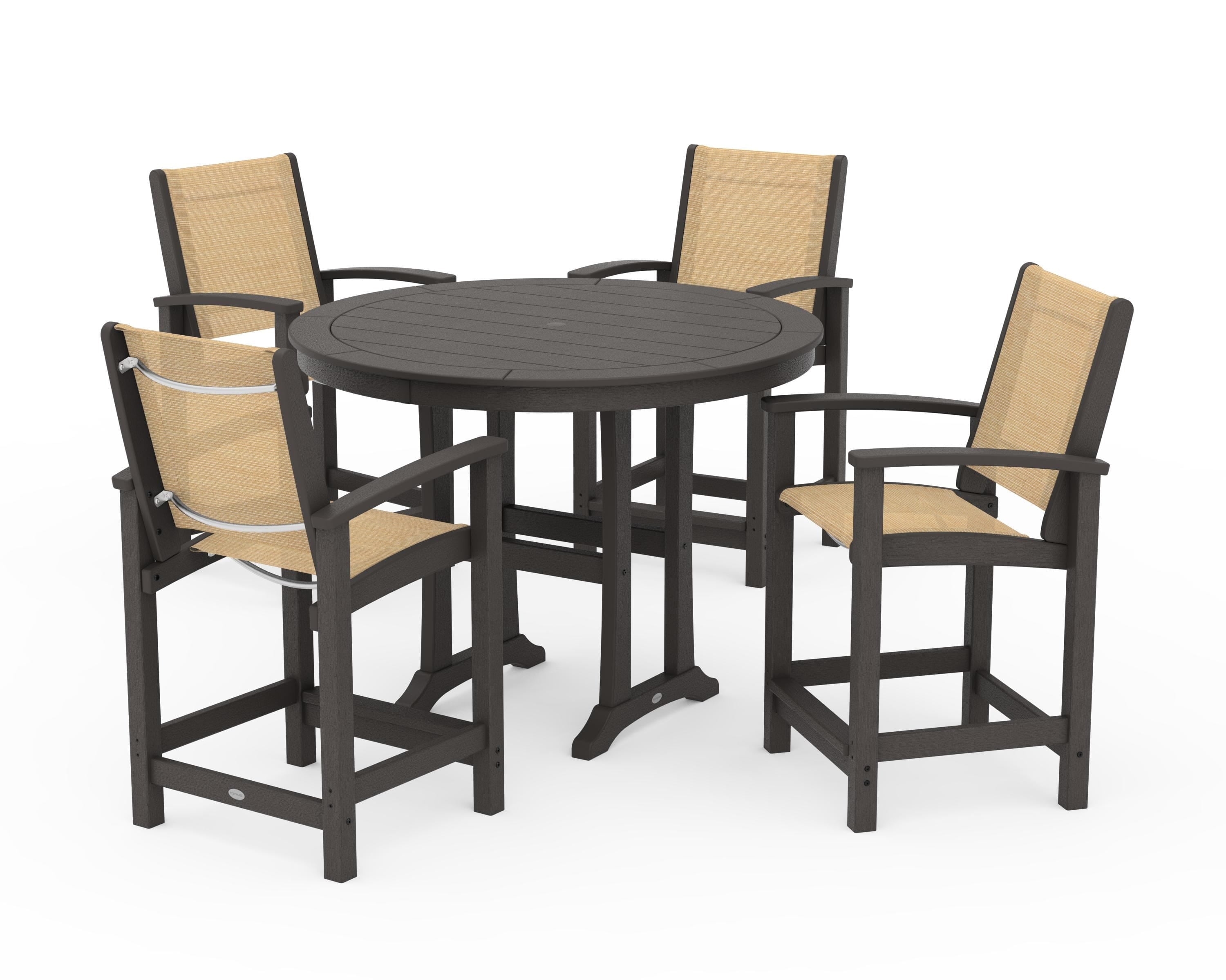 POLYWOOD Coastal 5-Piece Counter Set in Vintage Coffee / Dupioni Apricot Sling