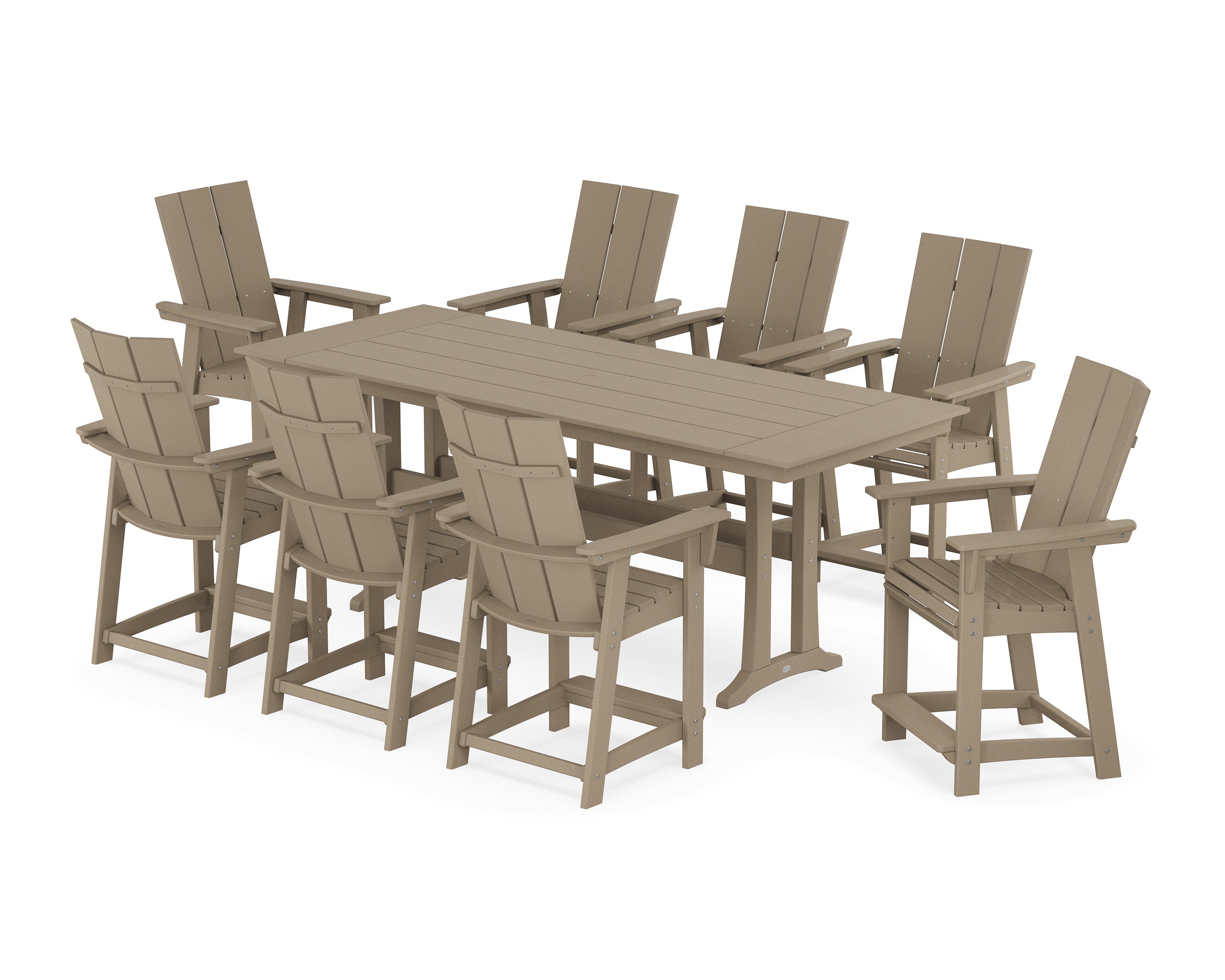 POLYWOOD® Modern Curveback Adirondack 9-Piece Farmhouse Counter Set with Trestle Legs in Vintage Sahara