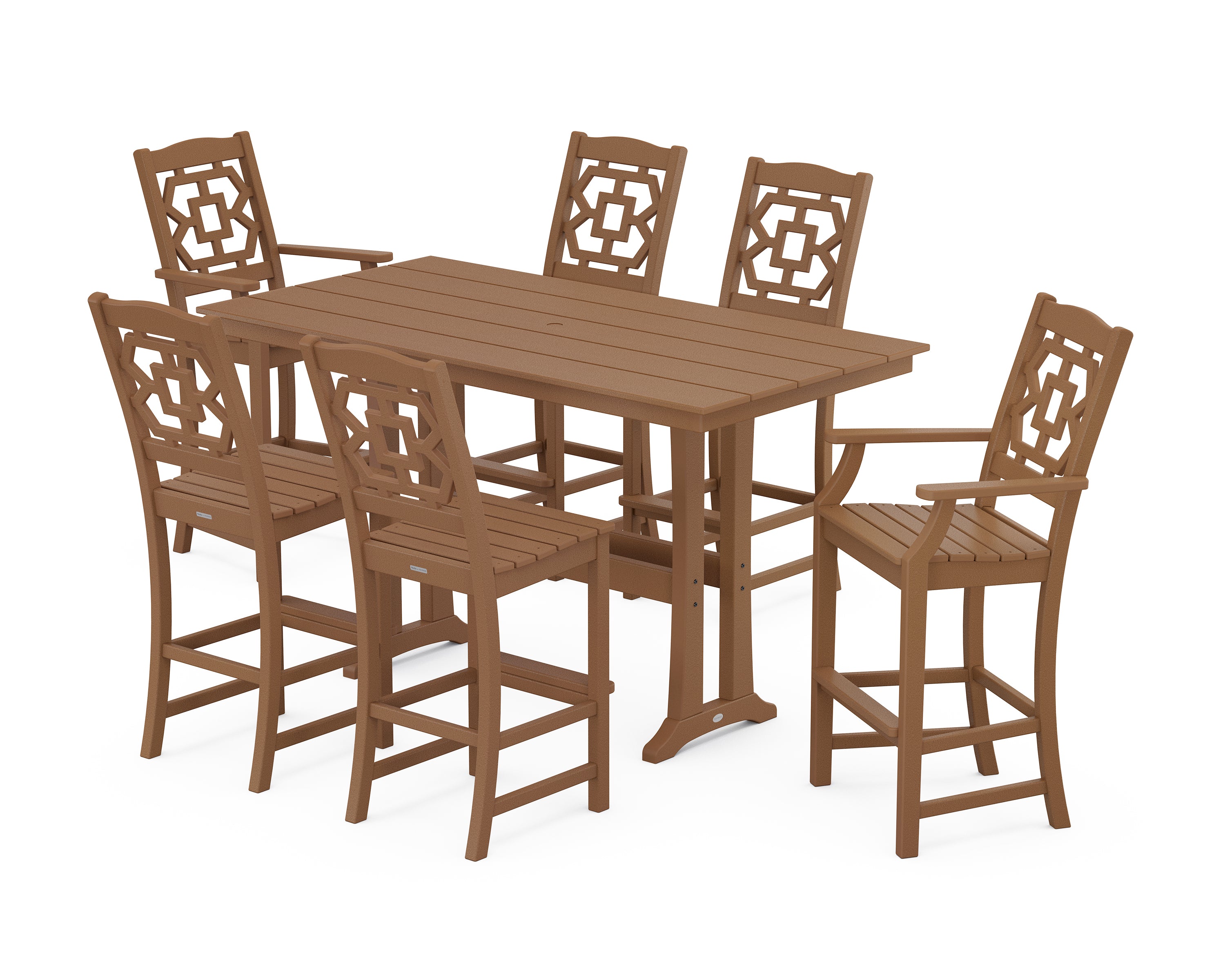 Martha Stewart by POLYWOOD Chinoiserie 7-Piece Farmhouse Bar Set with Trestle Legs in Teak