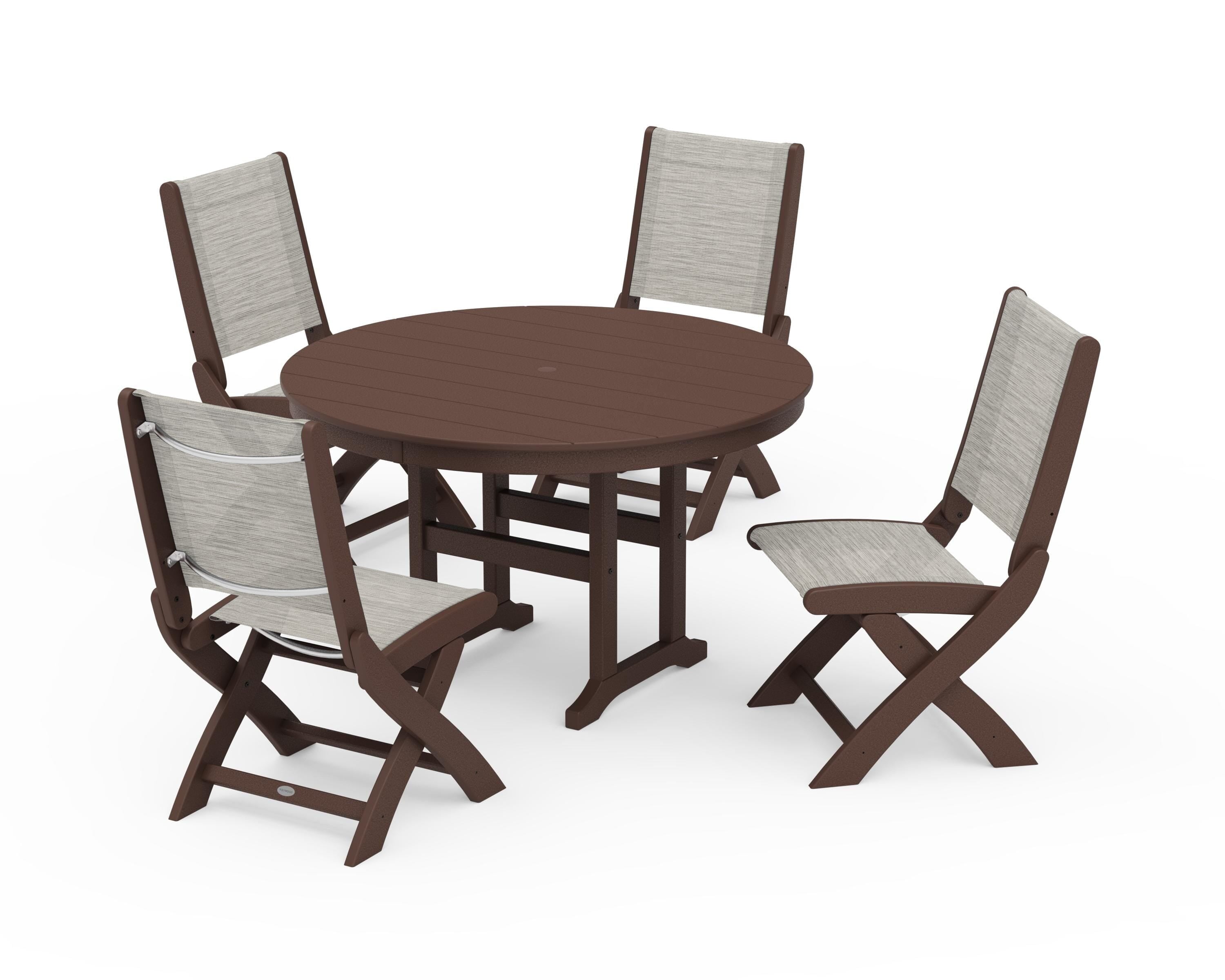 POLYWOOD Coastal Folding Side Chair 5-Piece Round Dining Set in Mahogany / Birch Sling