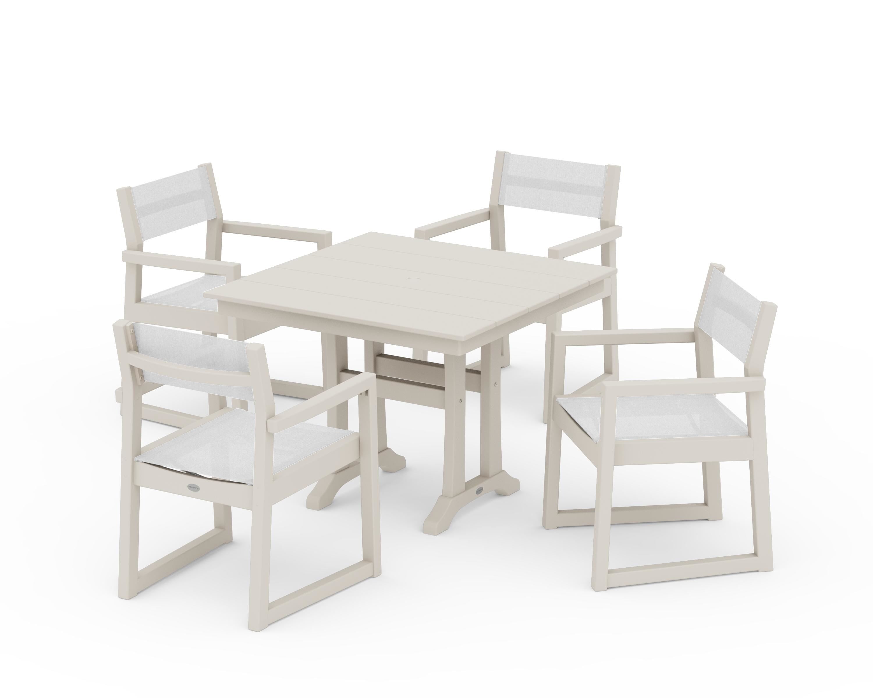 POLYWOOD EDGE Sling 5-Piece Farmhouse Dining Set with Trestle Legs in Sand / White Sling