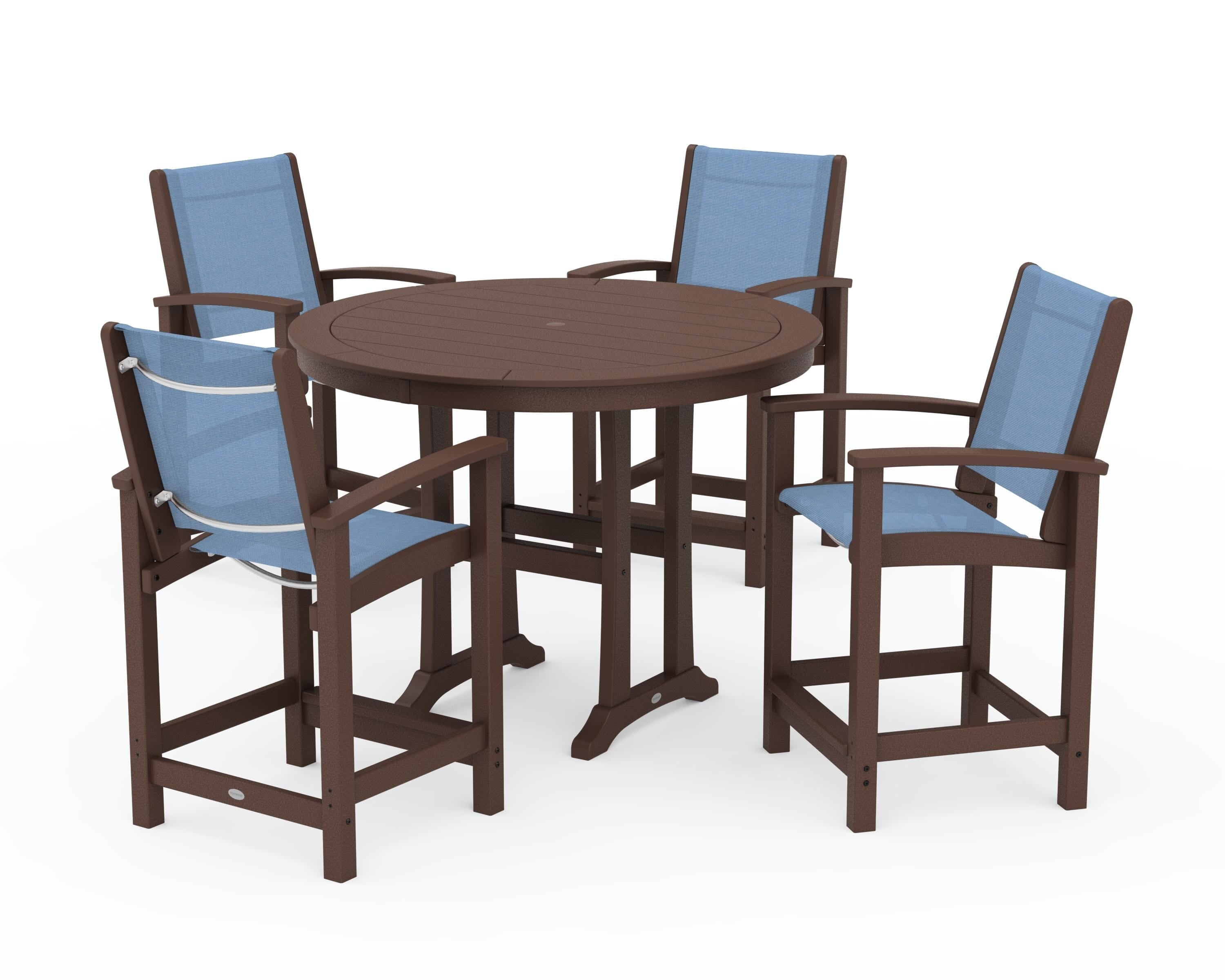 POLYWOOD Coastal 5-Piece Counter Set in Mahogany / Poolside Sling