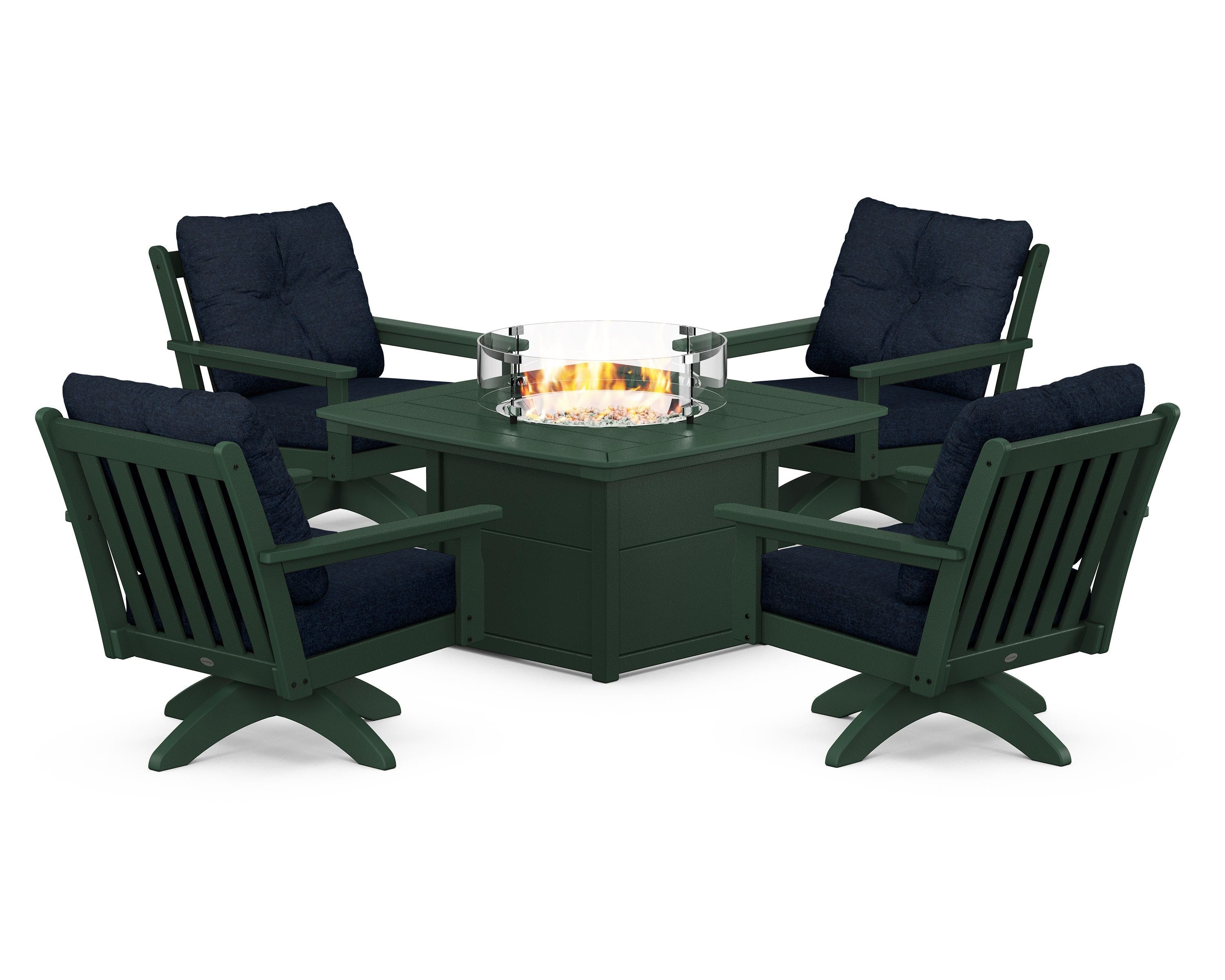 POLYWOOD Vineyard 5-Piece Deep Seating Swivel Conversation Set with Fire Pit Table in Green / Marine Indigo