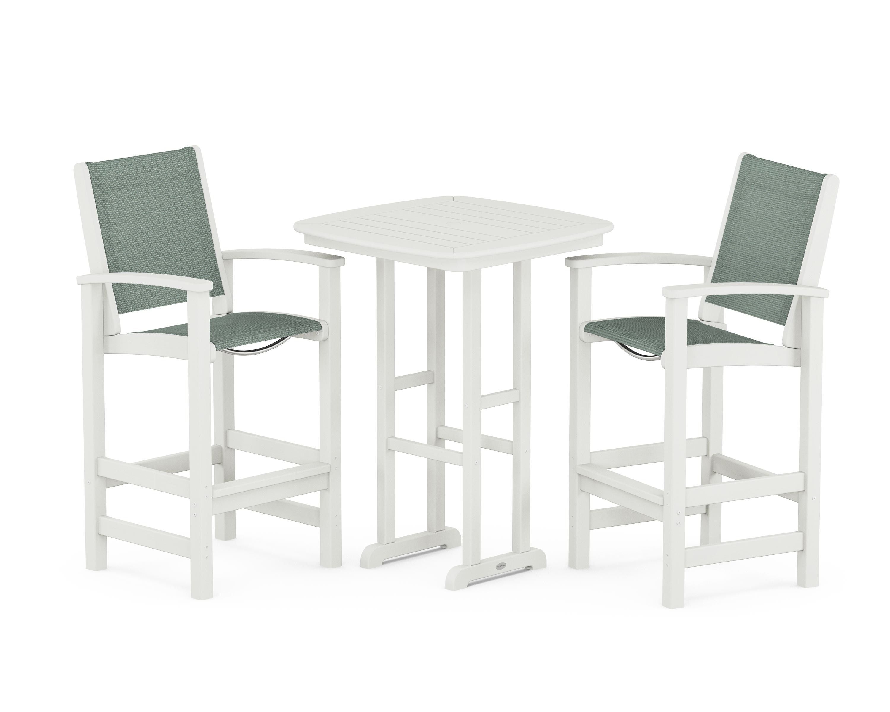 POLYWOOD Coastal 3-Piece Bar Set in Vintage White / Dupioni Sea Mist Sling