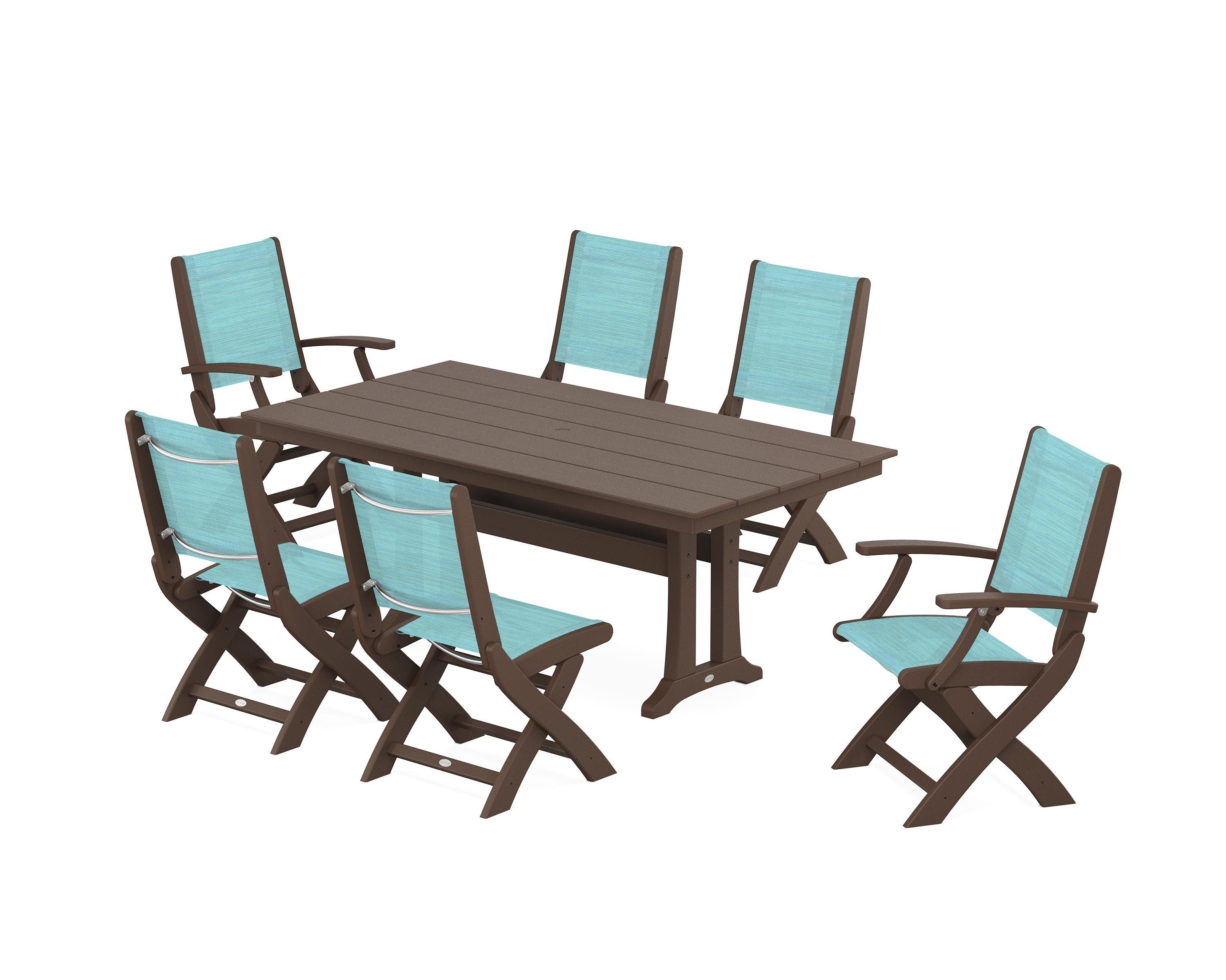 POLYWOOD Coastal Folding Chair 7-Piece Farmhouse Dining Set with Trestle Legs in Mahogany / Dupioni Aquamarine Sling