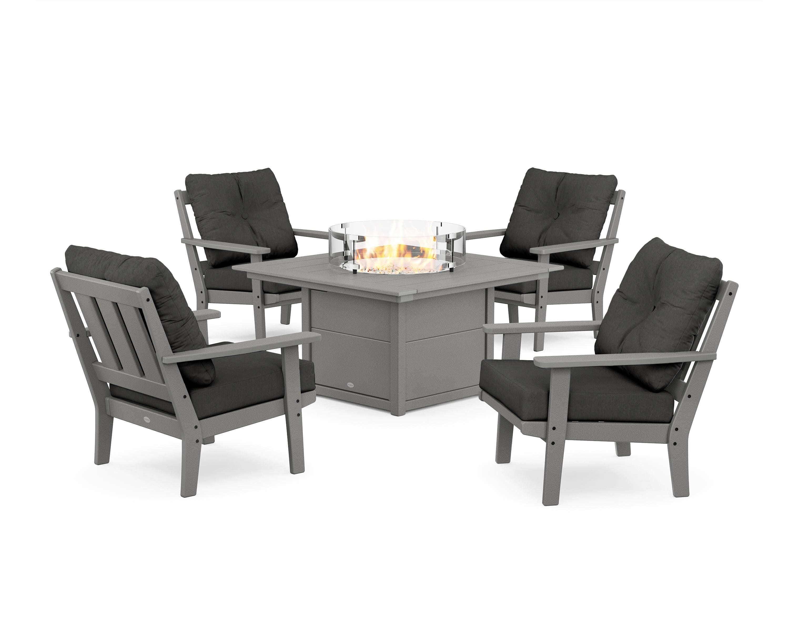 POLYWOOD Oxford 5-Piece Deep Seating Set with Fire Pit Table in Slate Grey / Spectrum Carbon