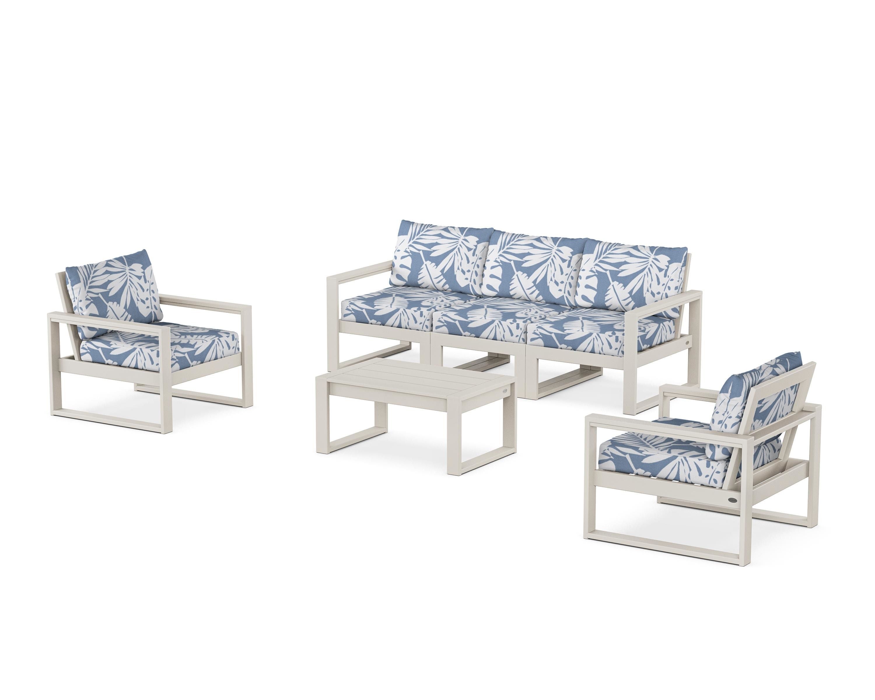 POLYWOOD EDGE Sectional 4-Piece Deep Seating Set with Sofa in Sand / Leaf Sky Blue