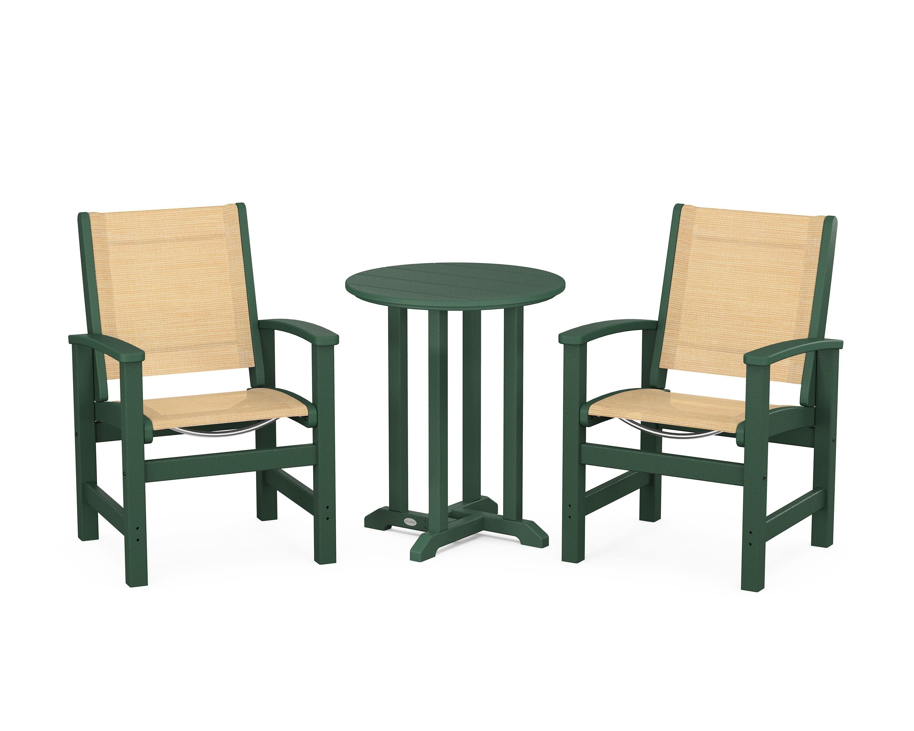 POLYWOOD Coastal 3-Piece Round Bistro Dining Set in Green / Dupioni Apricot Sling