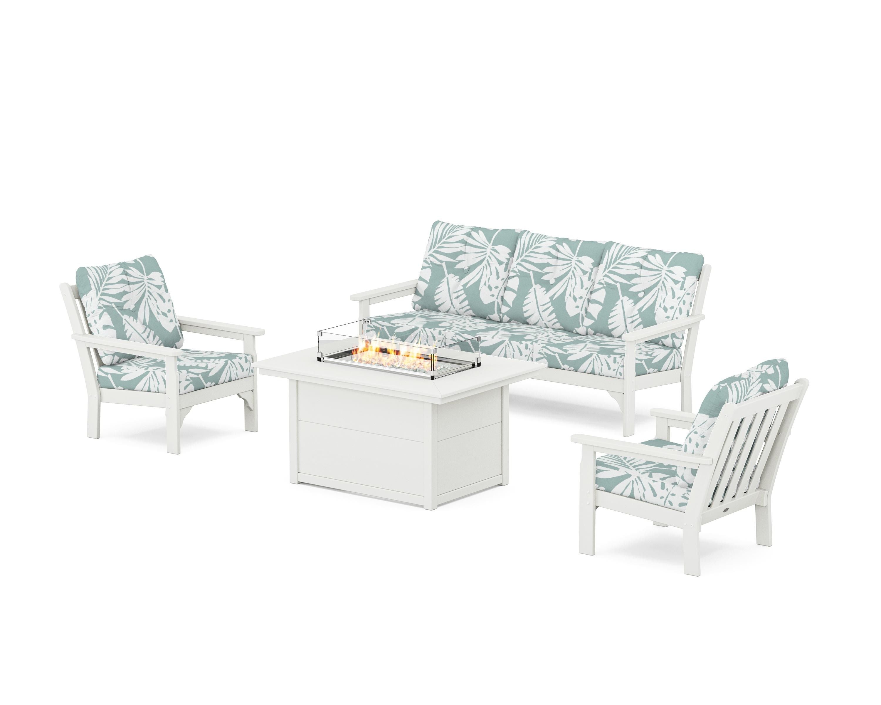 POLYWOOD Vineyard Deep Seating Fire Pit Table Set in Vintage White / Leaf Glacier Spa