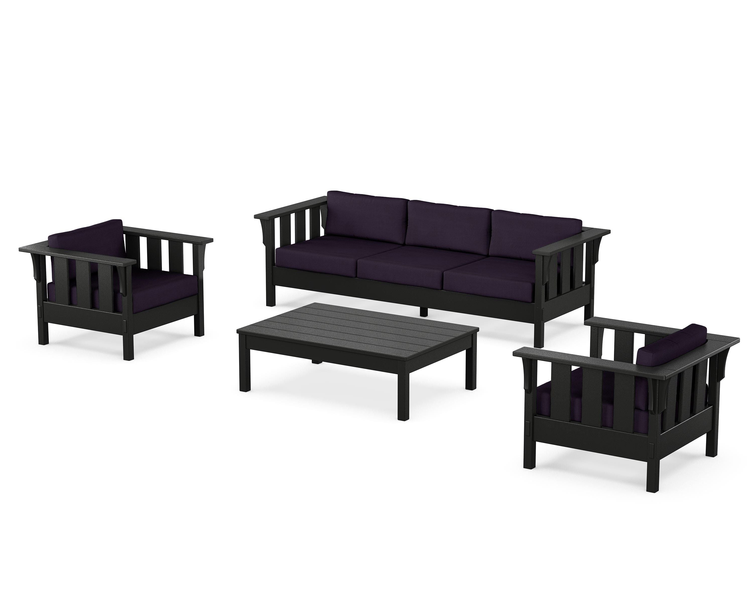 Martha Stewart by POLYWOOD Acadia 4-Piece Deep Seating Set with Sofa in Black / Navy Linen