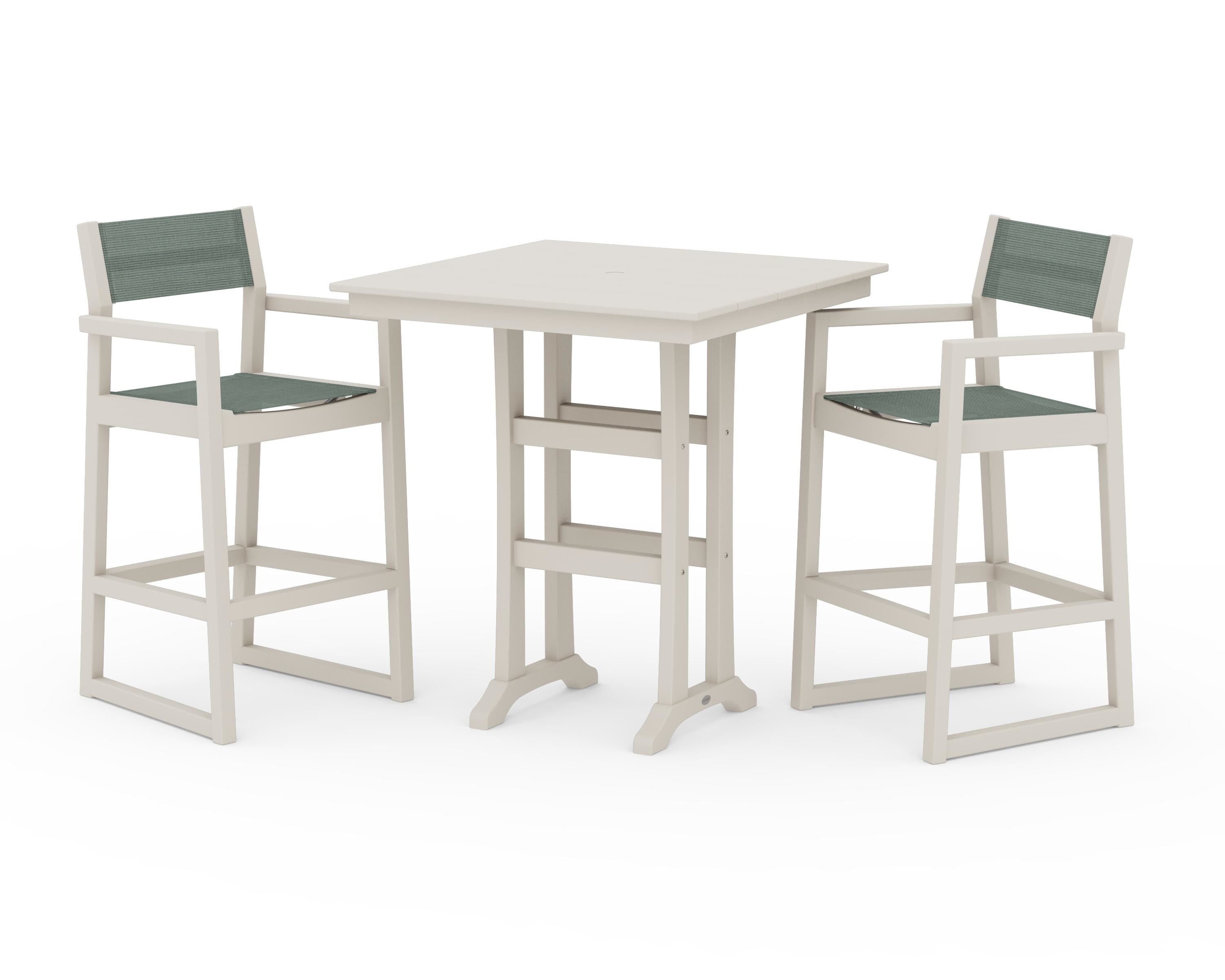POLYWOOD EDGE Sling Arm Chair 3-Piece Farmhouse Bar Set with Trestle Legs in Sand / Dupioni Sea Mist Sling
