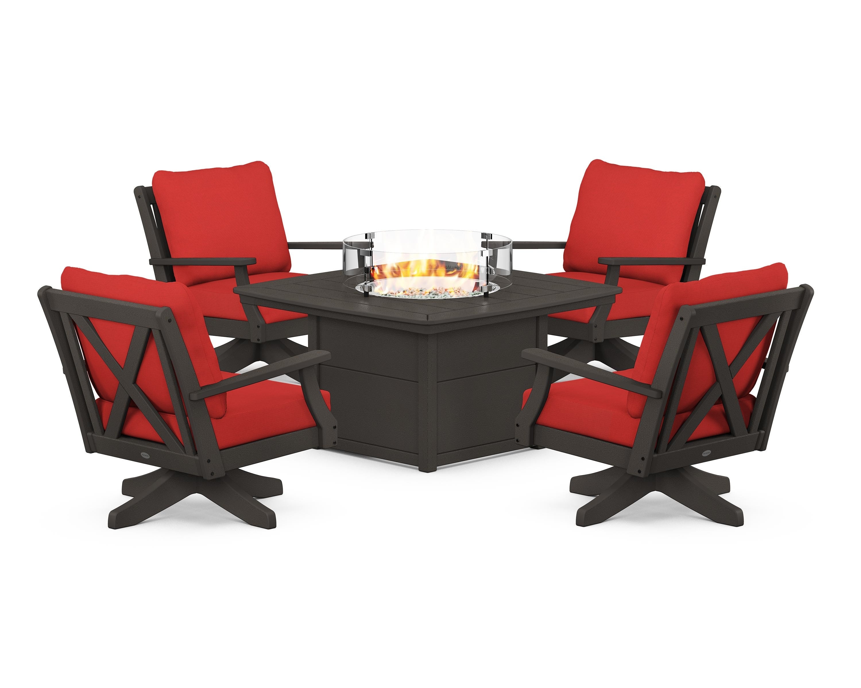 POLYWOOD Braxton 5-Piece Deep Seating Swivel Conversation Set with Fire Pit Table in Vintage Coffee / Crimson Linen