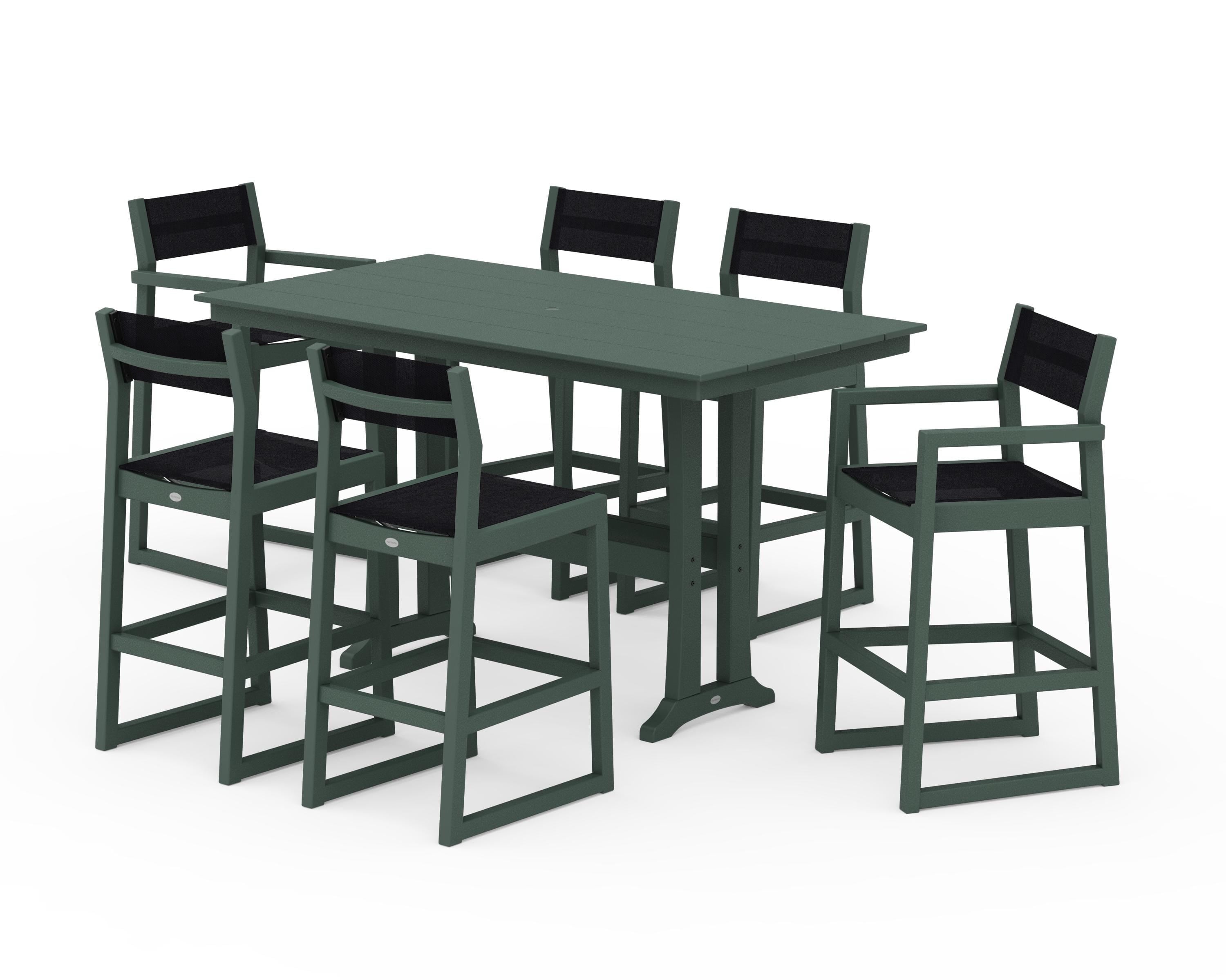 POLYWOOD EDGE Sling 7-Piece Farmhouse Bar Set with Trestle Legs in Green / Black Sling