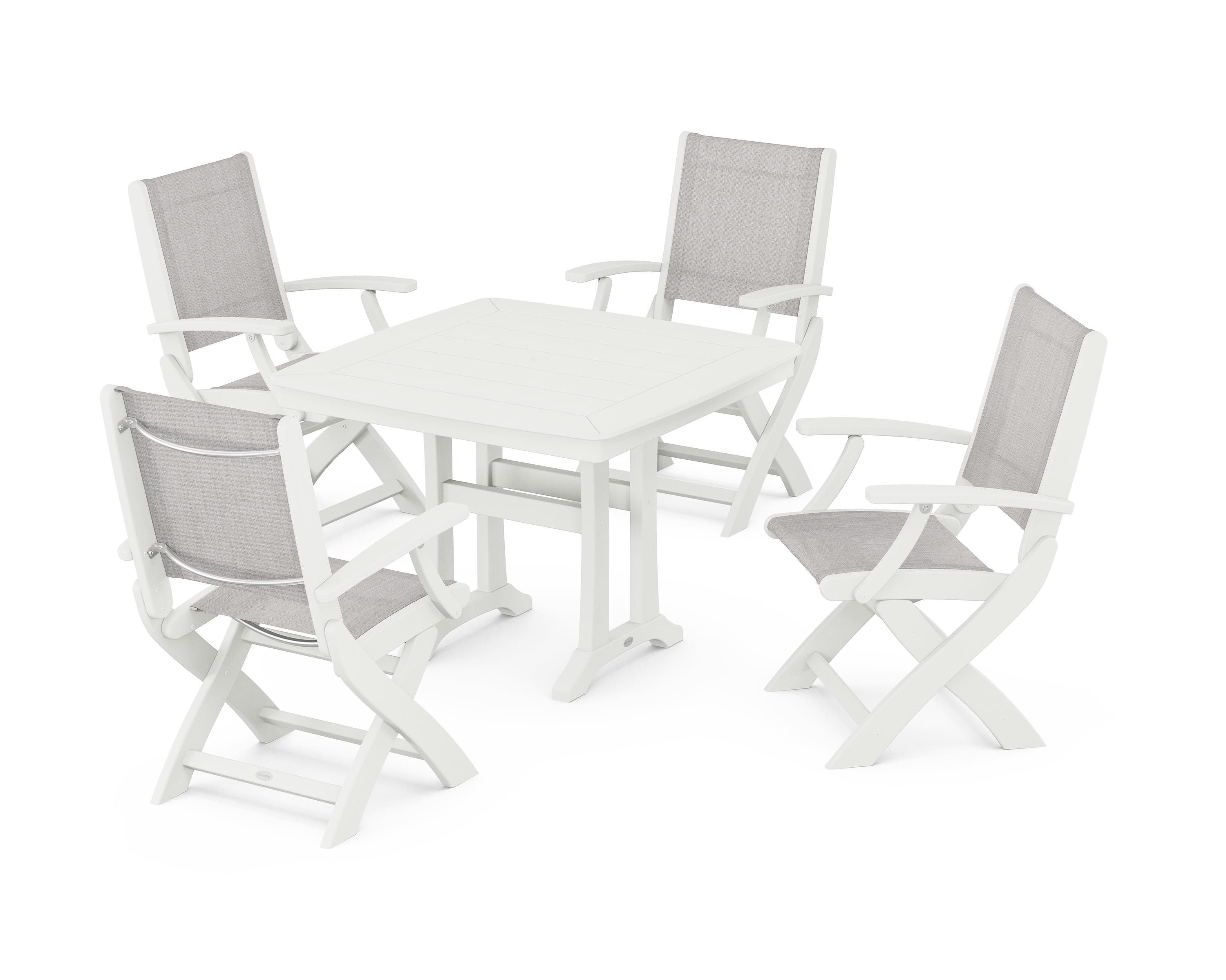 POLYWOOD Coastal Folding Chair 5-Piece Dining Set with Trestle Legs in Vintage White / Parchment Sling