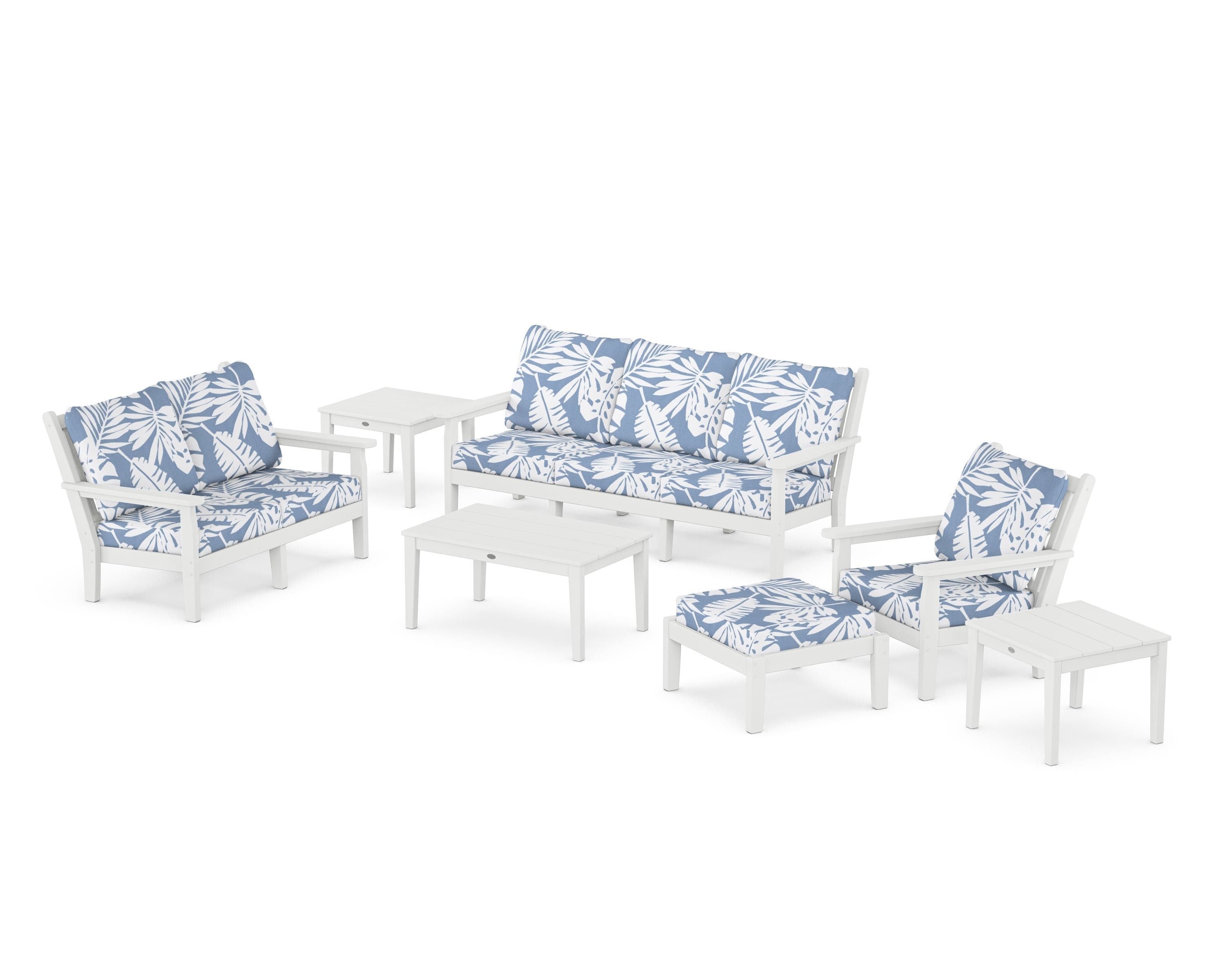 POLYWOOD Chippendale 7-Piece Deep Seating Set in White / Leaf Sky Blue