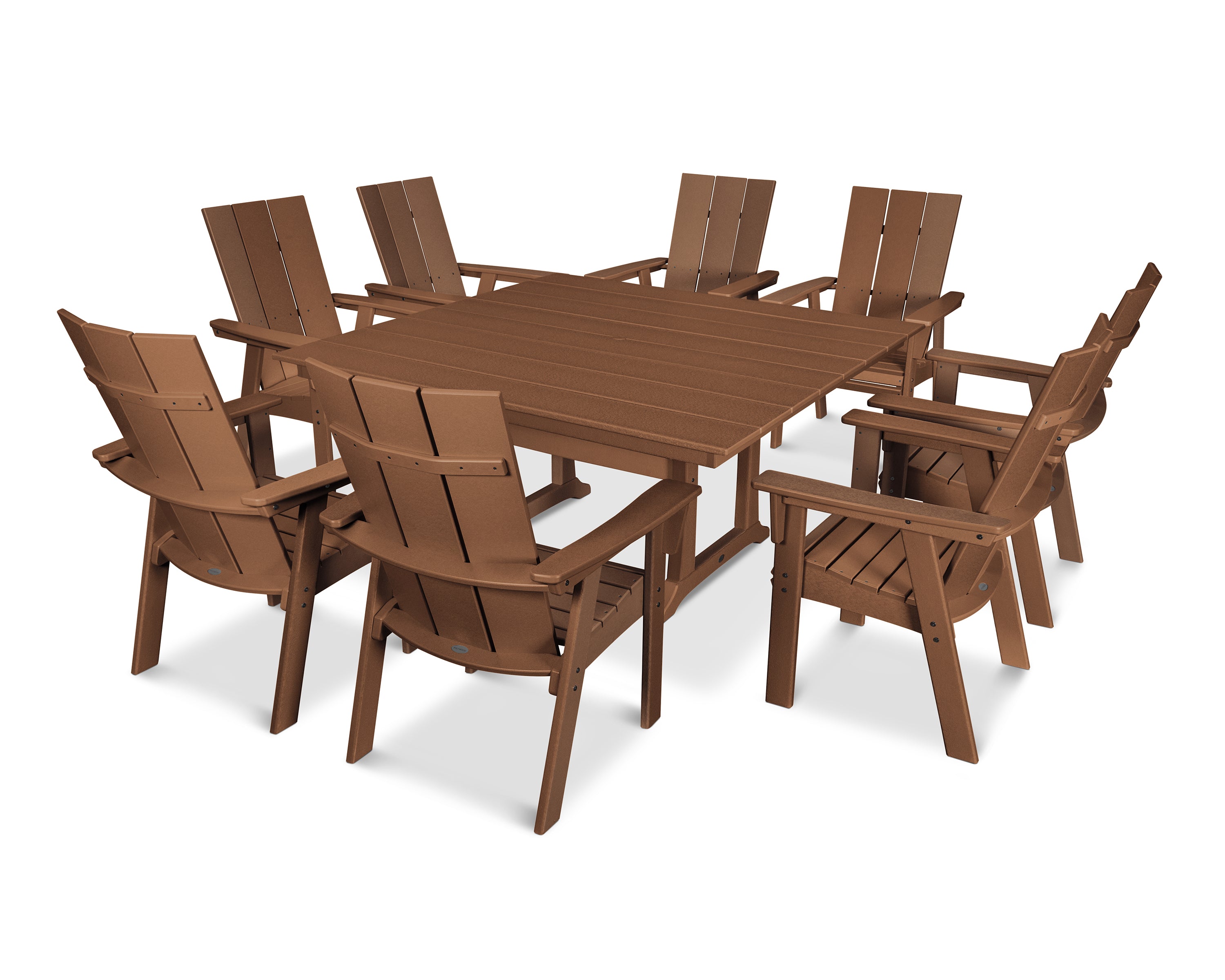 POLYWOOD® Modern Curveback Adirondack 9-Piece Farmhouse Trestle Dining Set in Teak