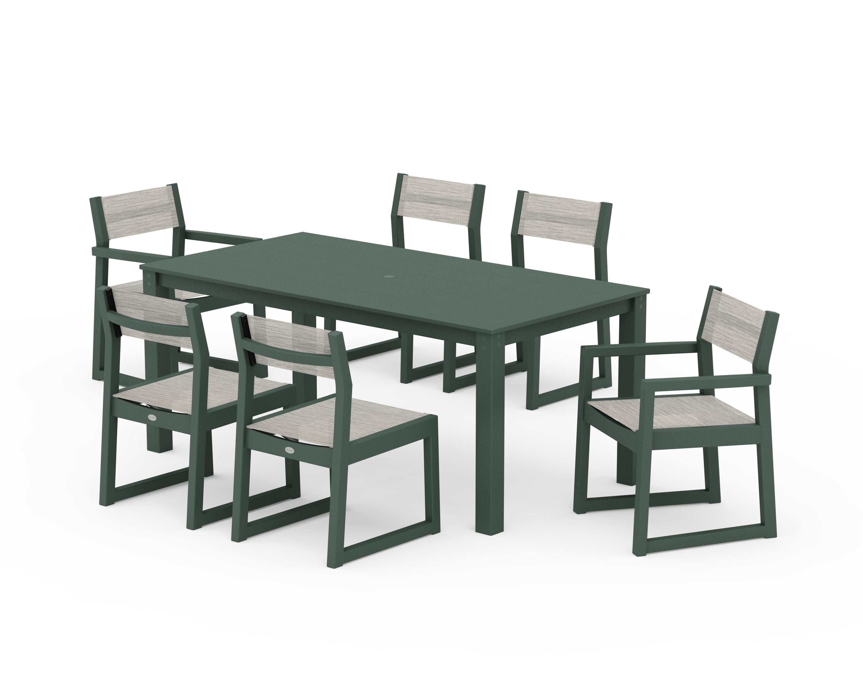 POLYWOOD EDGE Sling 7-Piece Parsons Dining Set in Green / Birch Sling