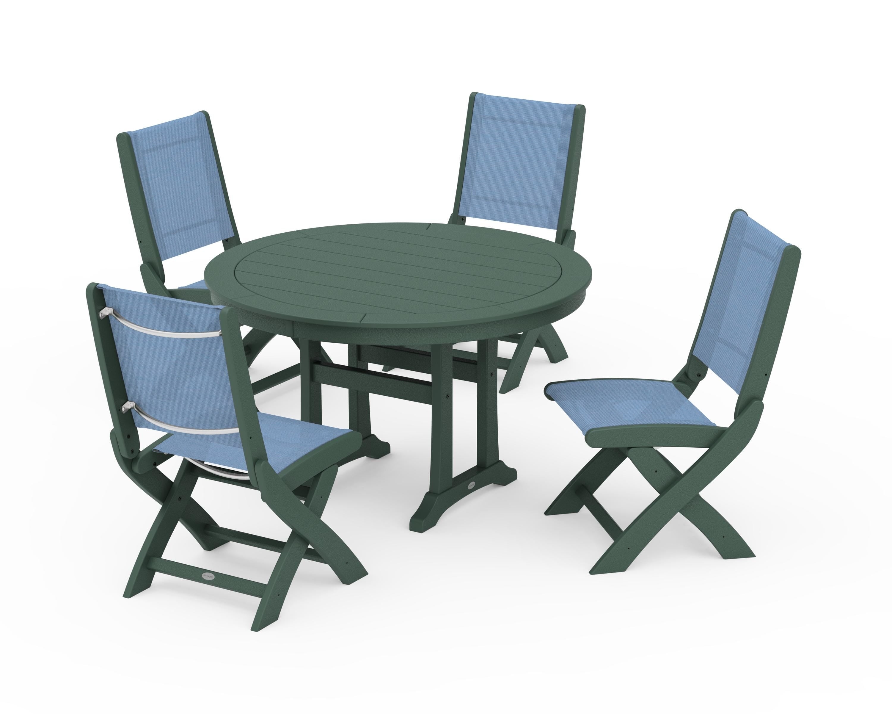 POLYWOOD Coastal Folding Side Chair 5-Piece Round Dining Set With Trestle Legs in Green / Poolside Sling