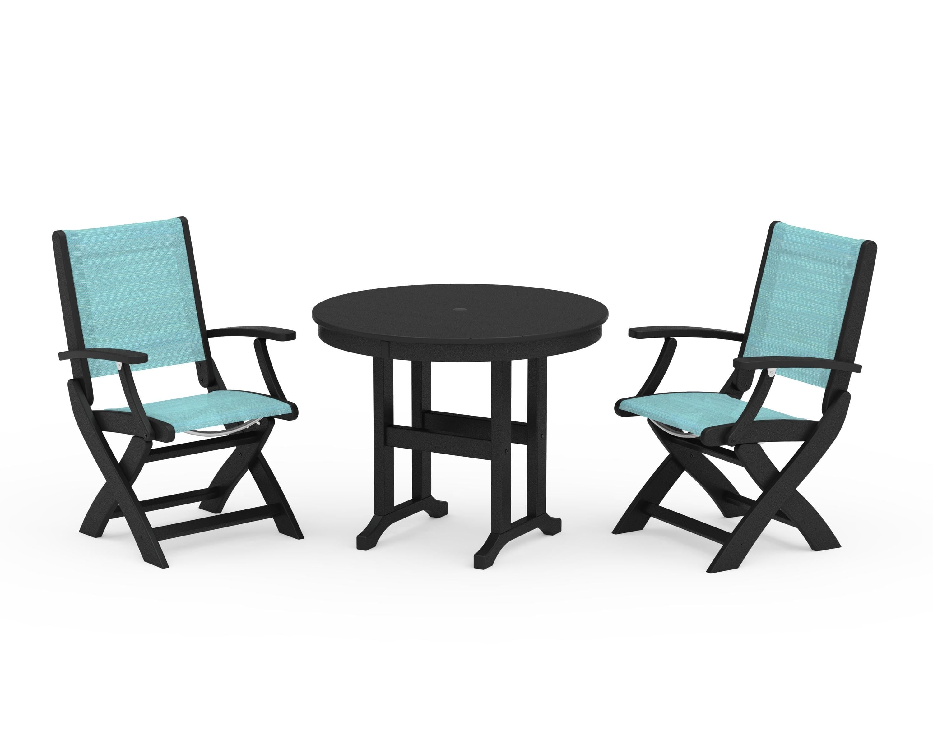 POLYWOOD Coastal Folding Chair 3-Piece Round Dining Set in Black / Dupioni Aquamarine Sling