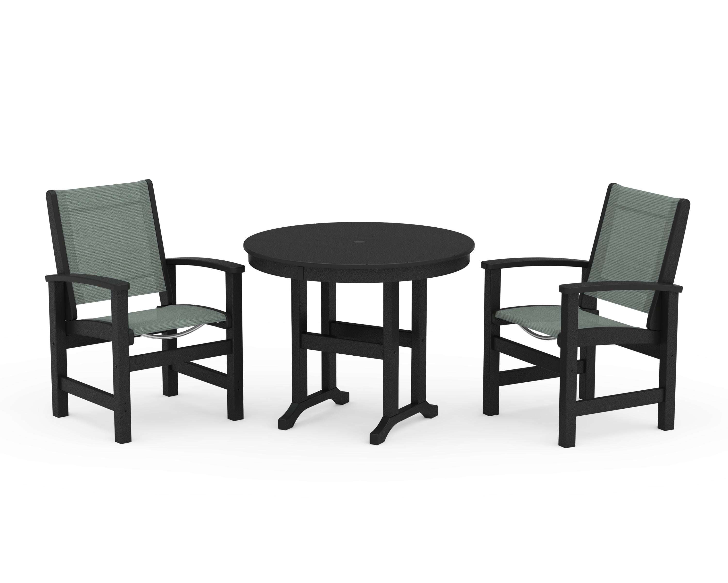 POLYWOOD Coastal 3-Piece Round Dining Set in Black / Dupioni Sea Mist Sling