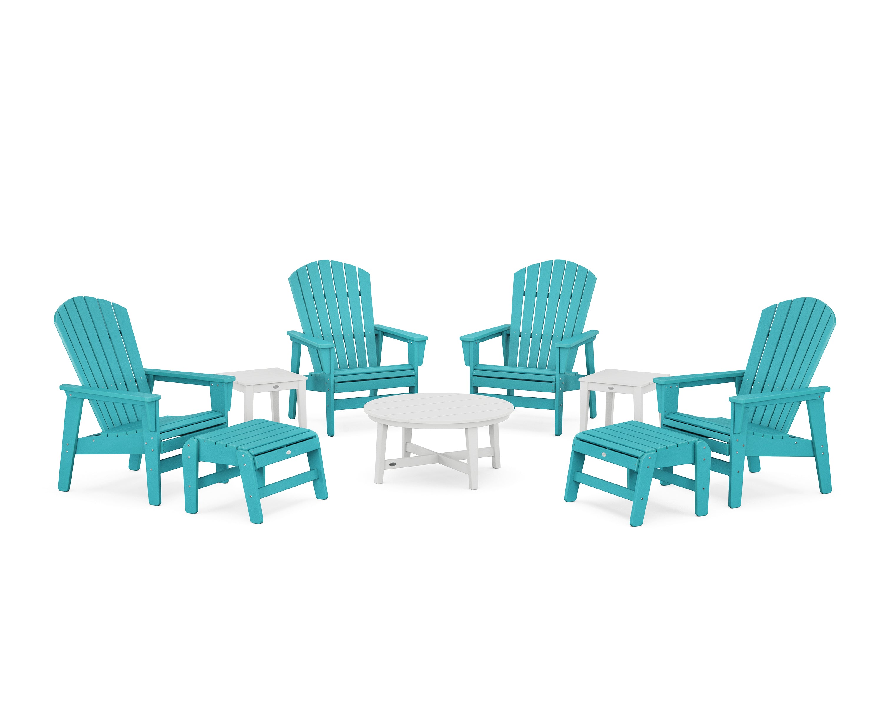POLYWOOD® Nautical Grand Upright Adirondack 9-Piece Conversation Set in Aruba / White