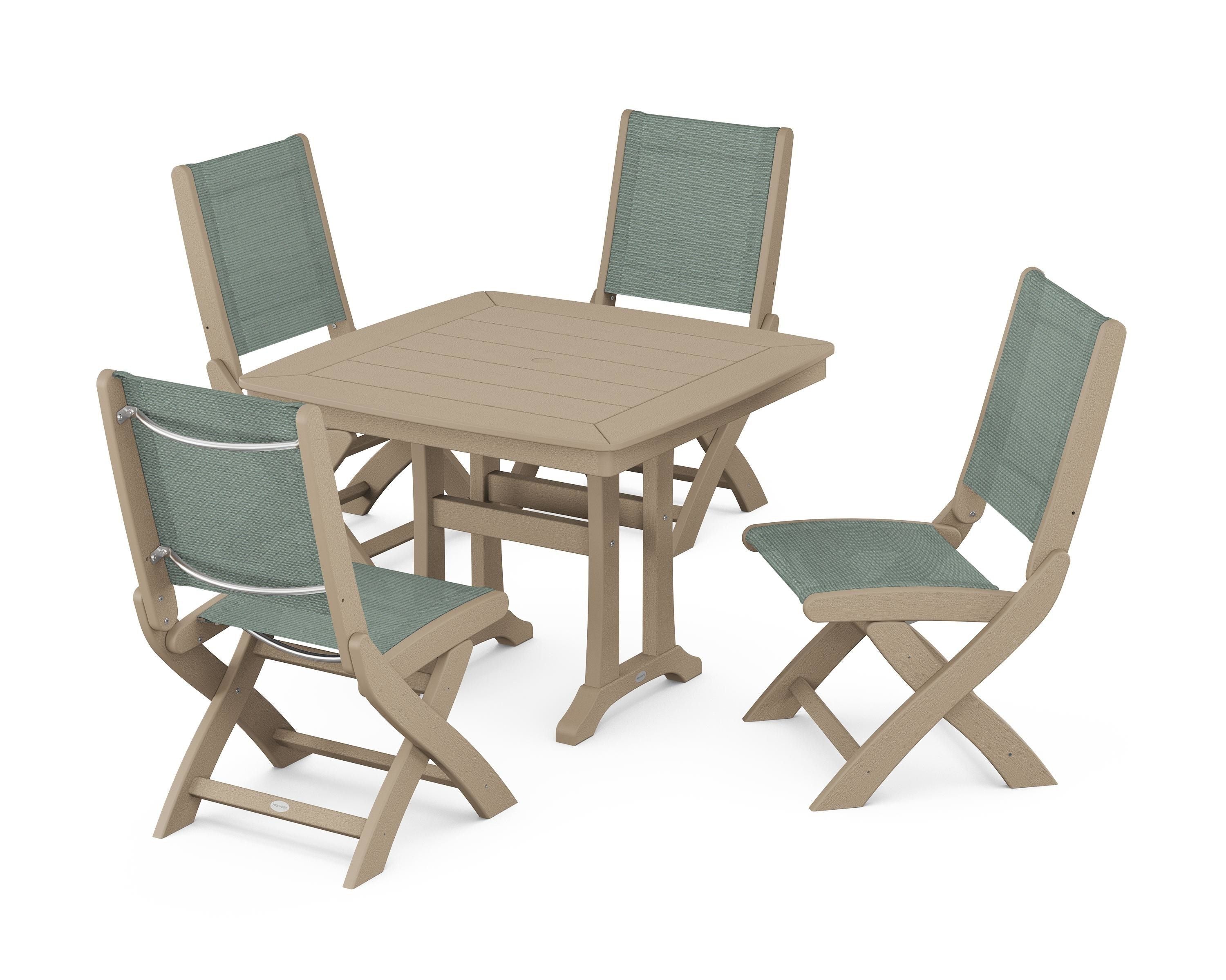POLYWOOD Coastal Folding Side Chair 5-Piece Dining Set with Trestle Legs in Vintage Sahara / Dupioni Sea Mist Sling