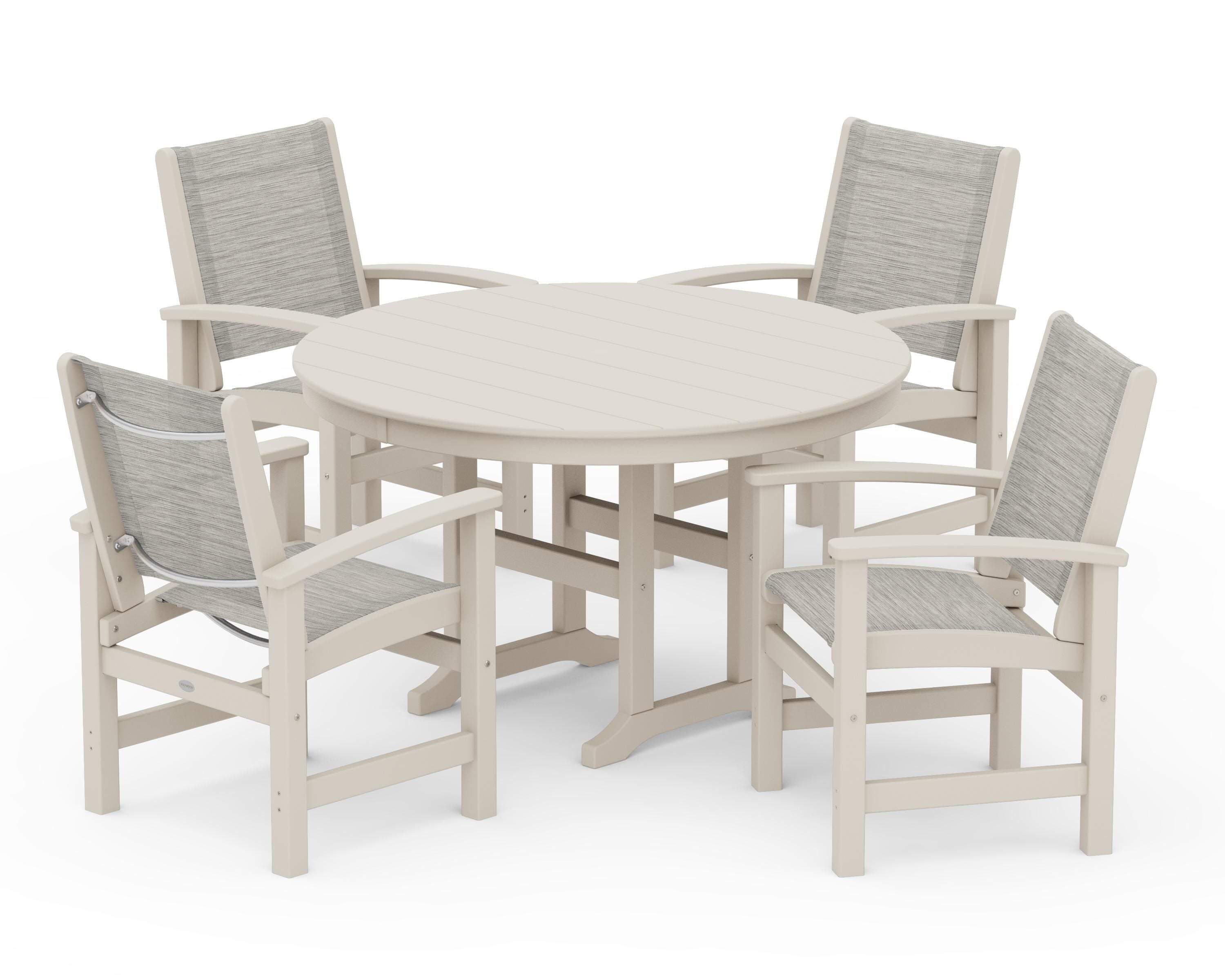 POLYWOOD Coastal 5-Piece Round Farmhouse Dining Set in Sand / Birch Sling