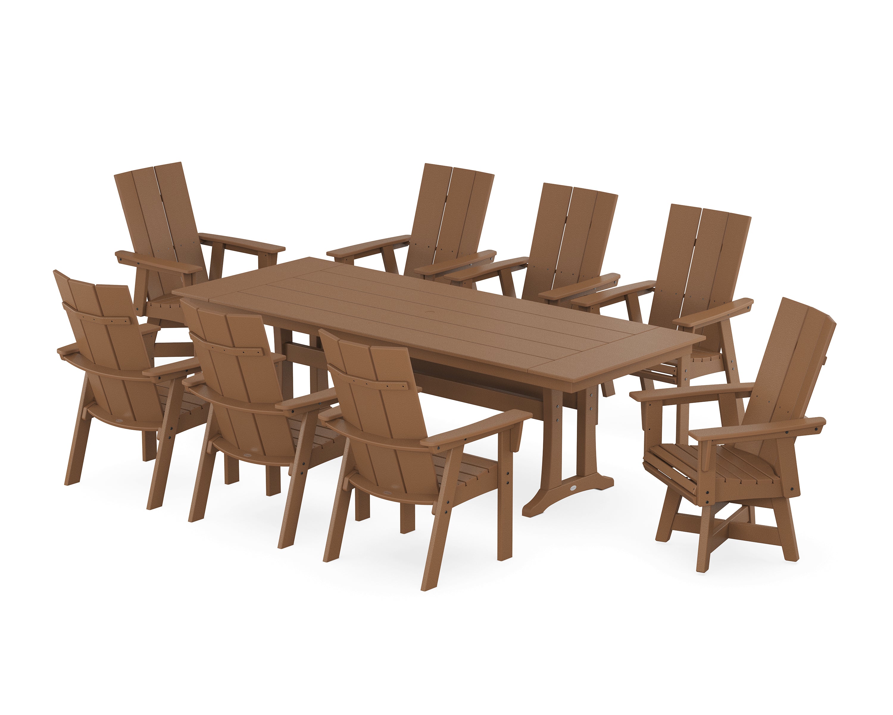 POLYWOOD® Modern Curveback Adirondack Swivel 9-Piece Farmhouse Dining Set with Trestle Legs in Teak