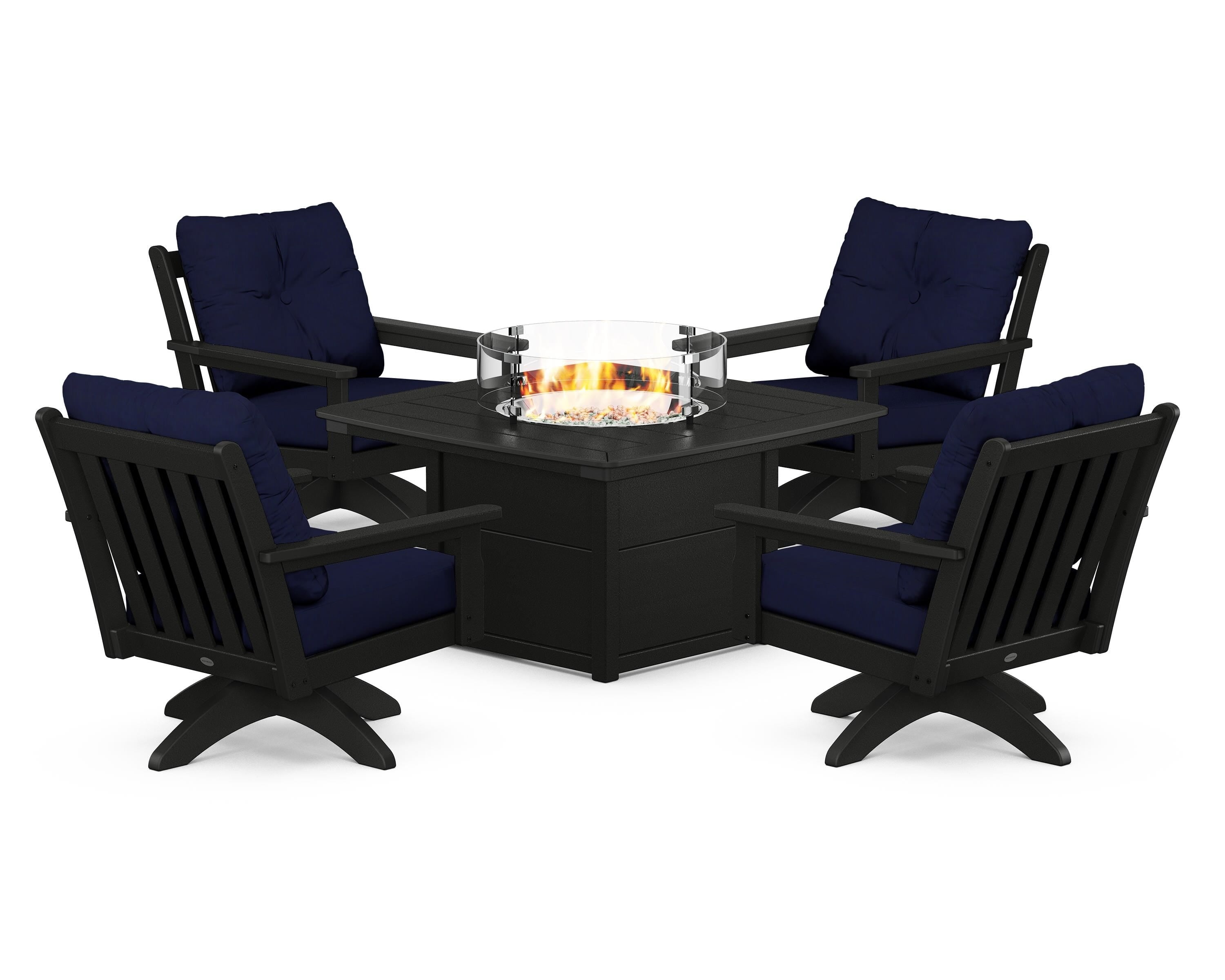 POLYWOOD Vineyard 5-Piece Deep Seating Swivel Conversation Set with Fire Pit Table in Black / Navy