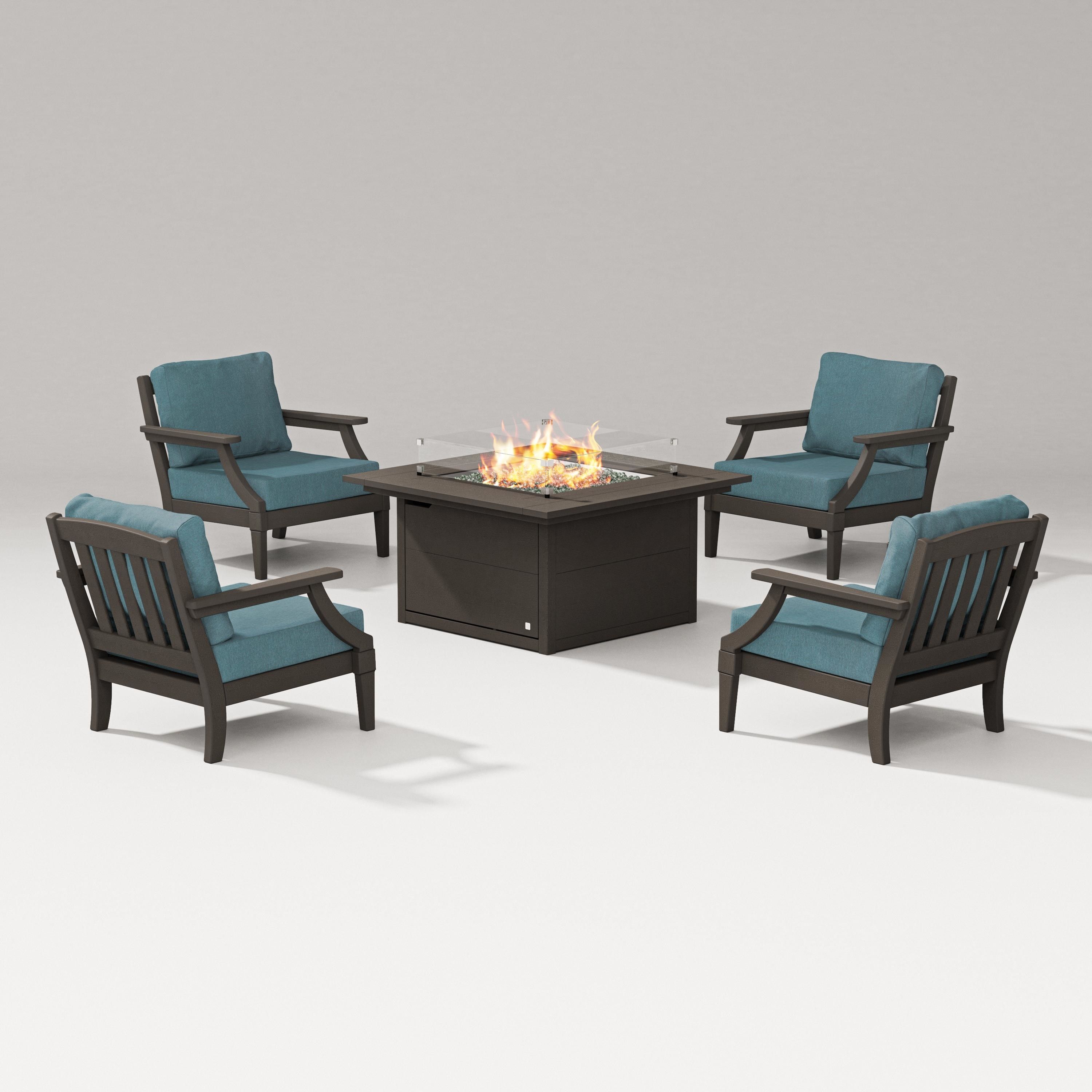 PW Designer Series Estate 5-Piece Lounge Fire Table Set in Vintage Coffee / Ocean Teal