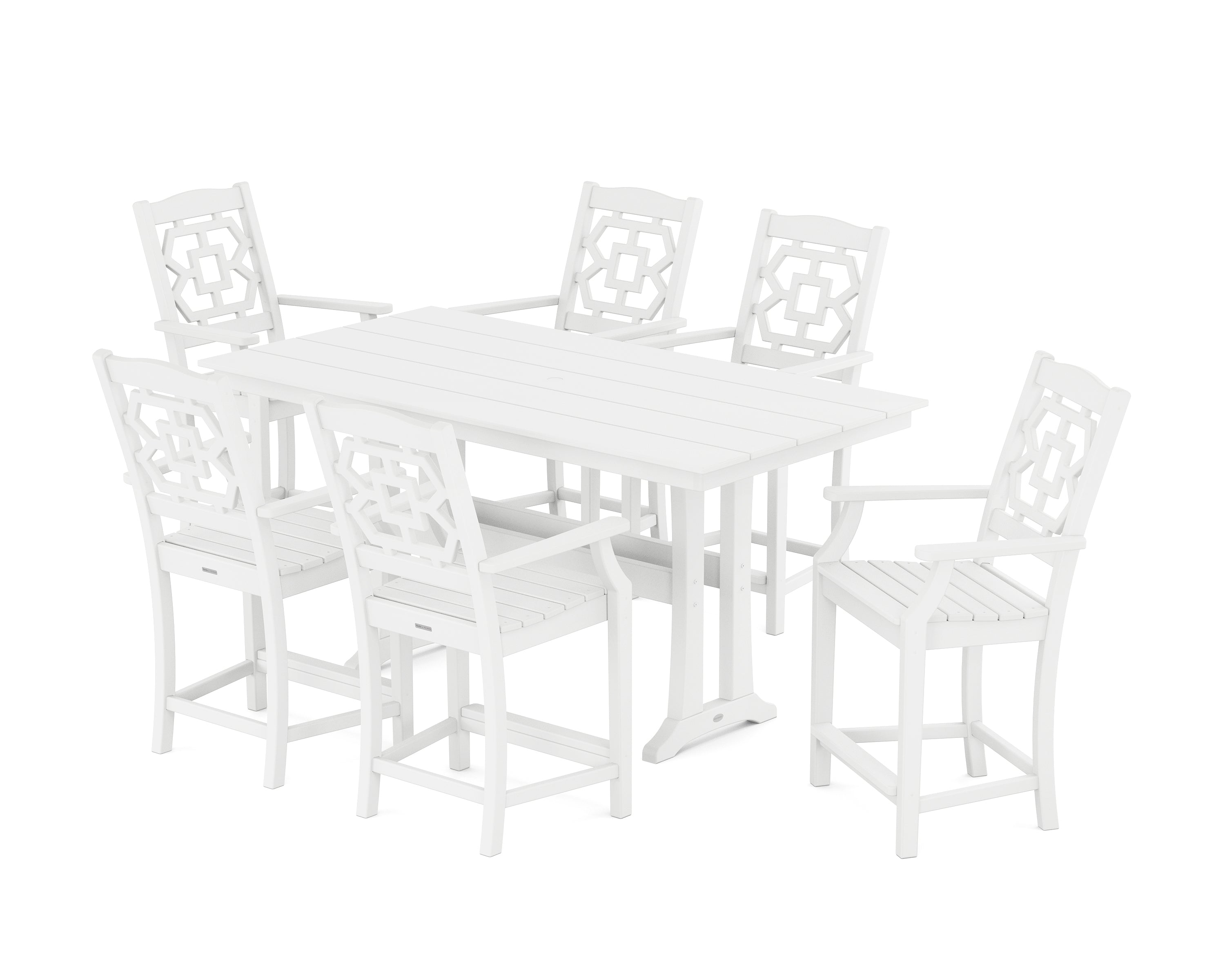 Martha Stewart by POLYWOOD® Chinoiserie Arm Chair 7-Piece Farmhouse Counter Set with Trestle Legs in White