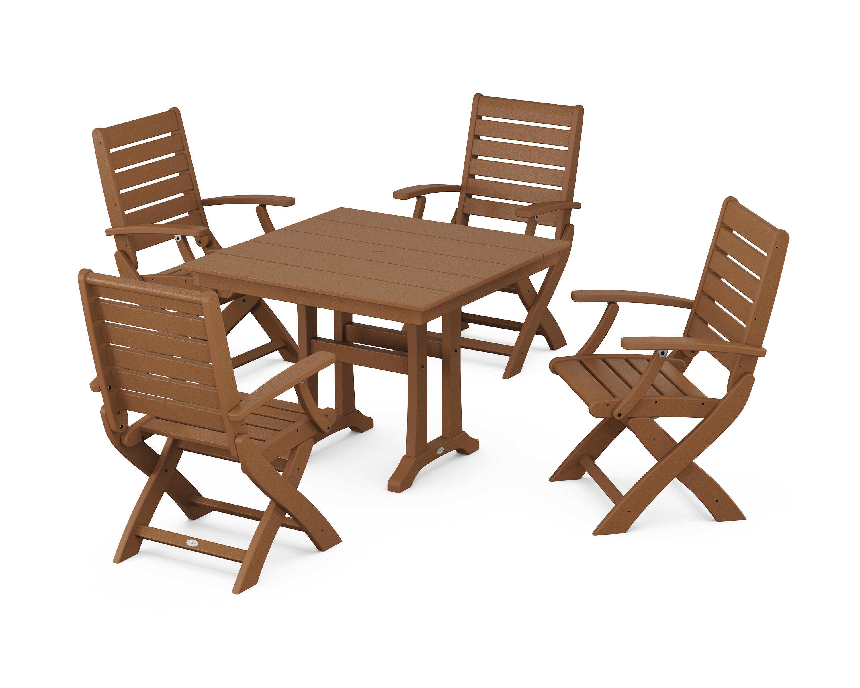 POLYWOOD Signature Folding Chair 5-Piece Farmhouse Dining Set With Trestle Legs in Teak