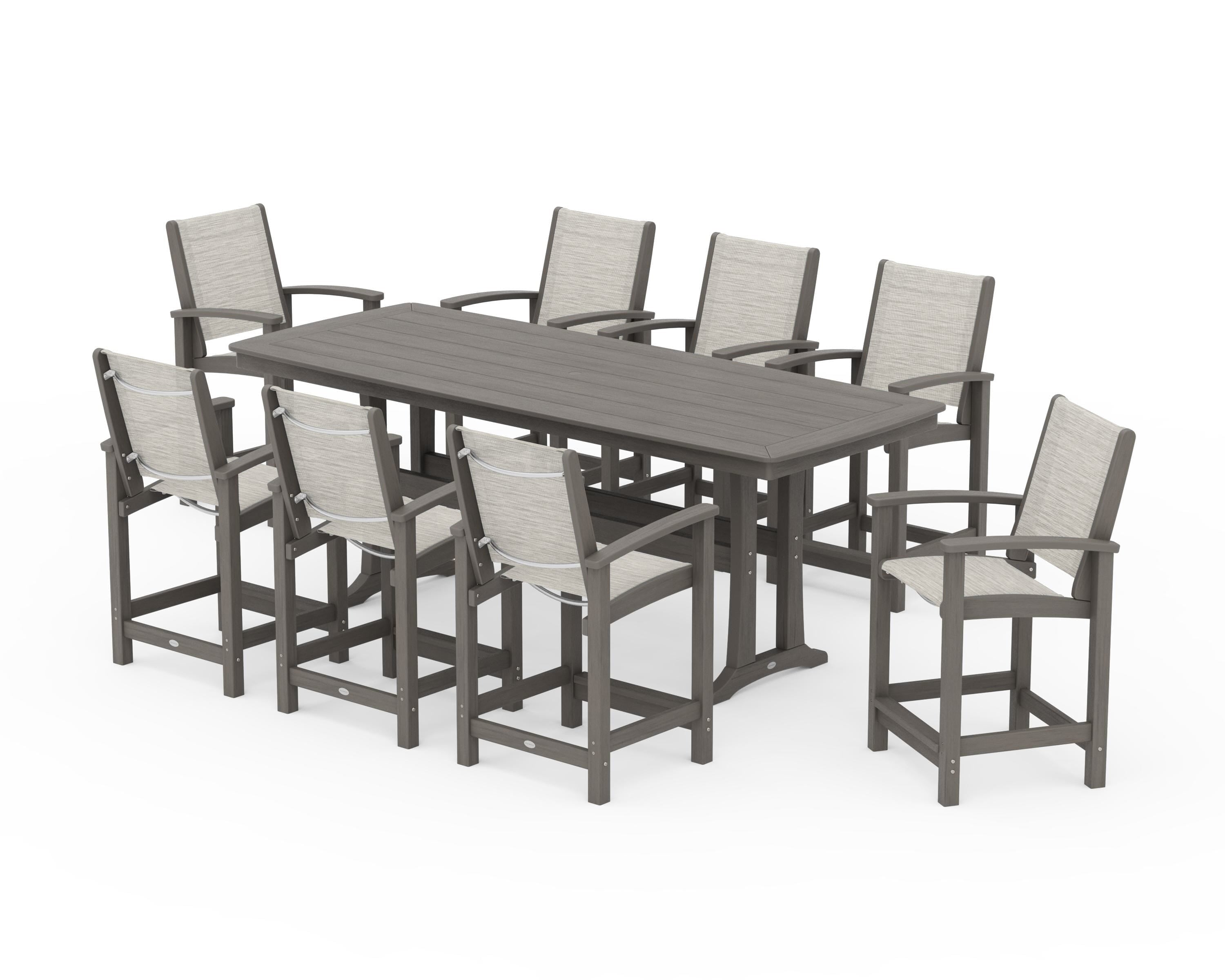 POLYWOOD Coastal 9-Piece Counter Set with Trestle Legs in Driftwood / Birch Sling