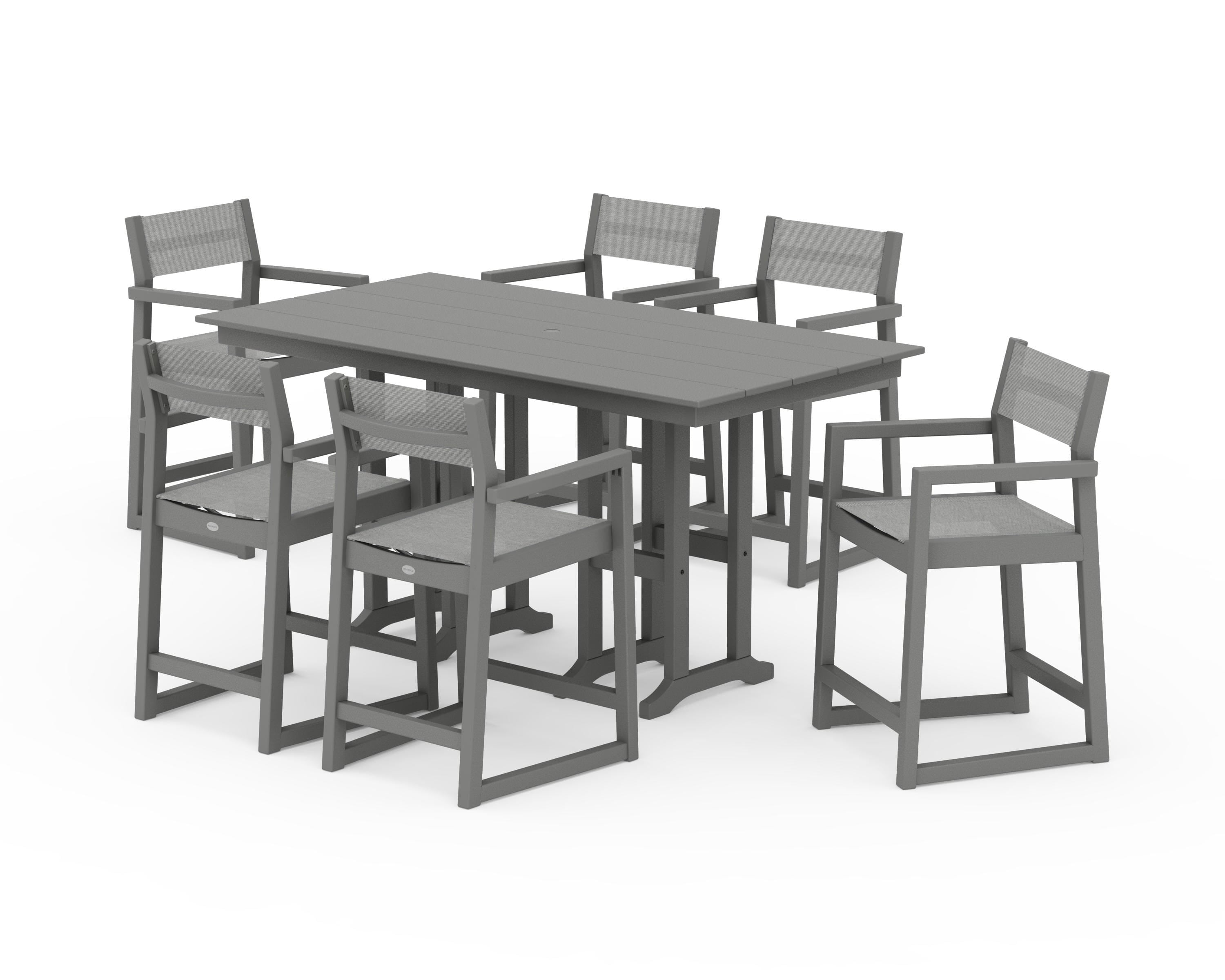 POLYWOOD EDGE Sling Arm Chair 7-Piece Farmhouse Counter Set in Slate Grey / Metallic Sling