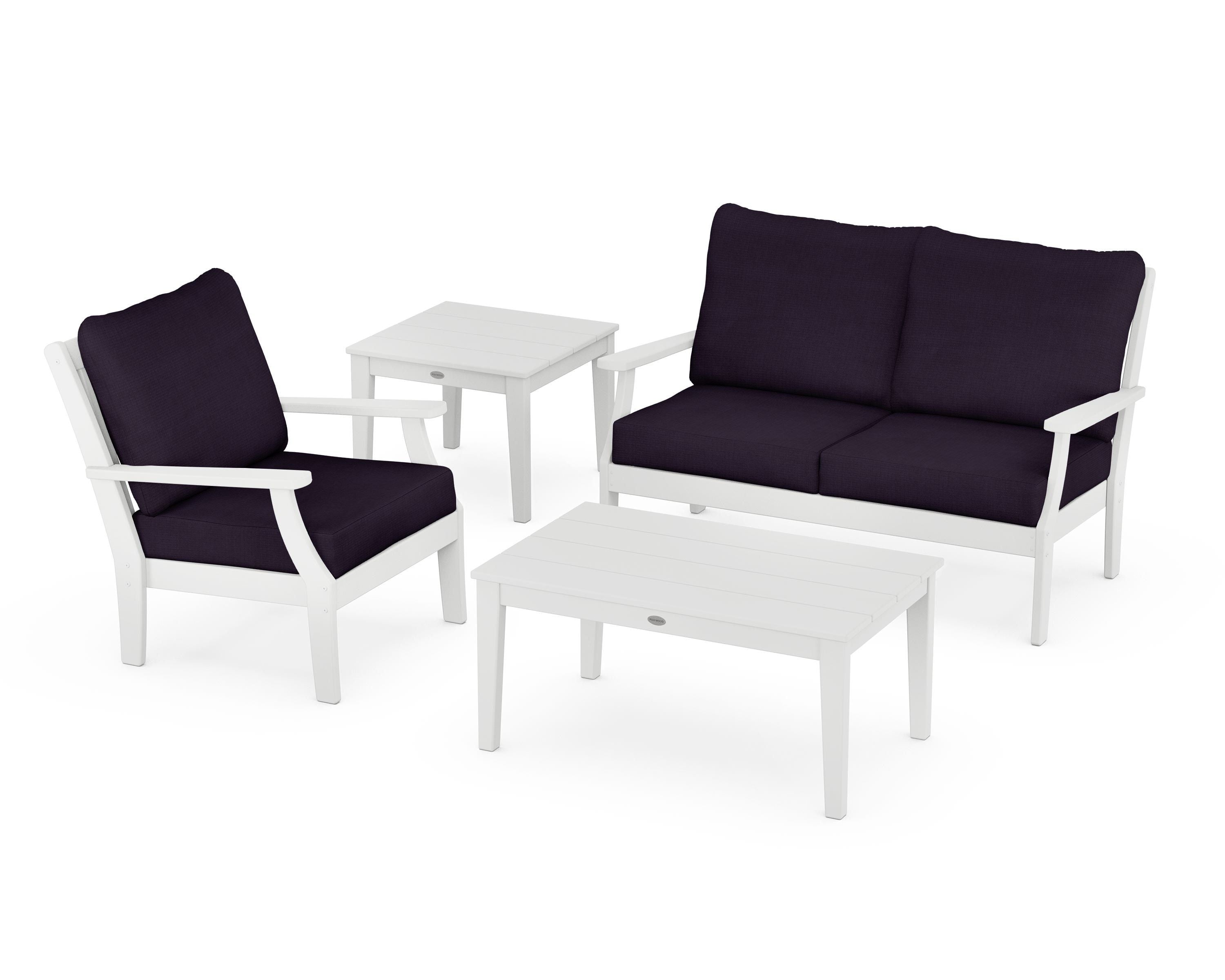 POLYWOOD Braxton 4-Piece Deep Seating Set in White / Navy Linen