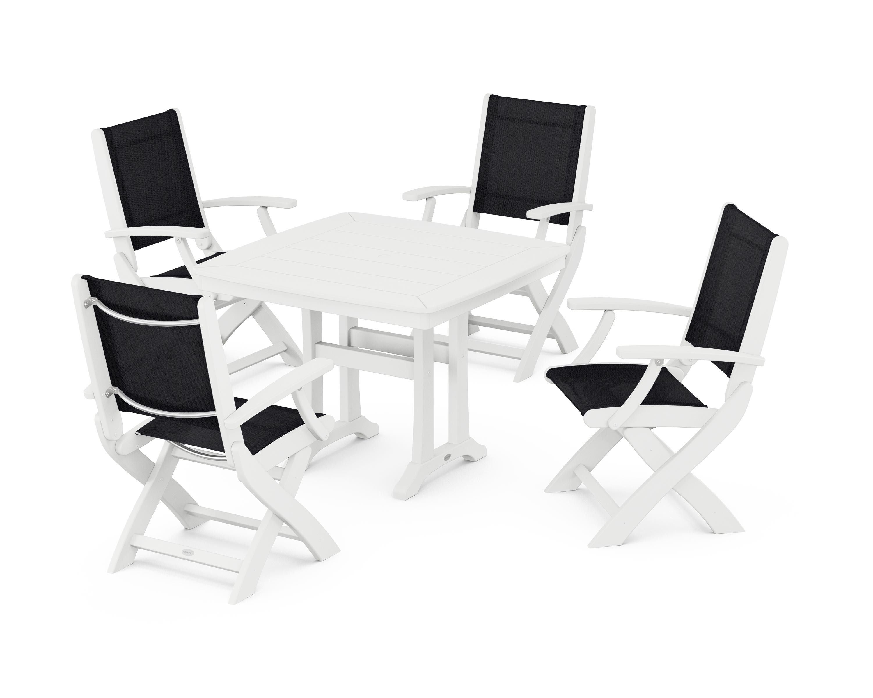 POLYWOOD Coastal Folding Chair 5-Piece Dining Set with Trestle Legs in White / Black Sling