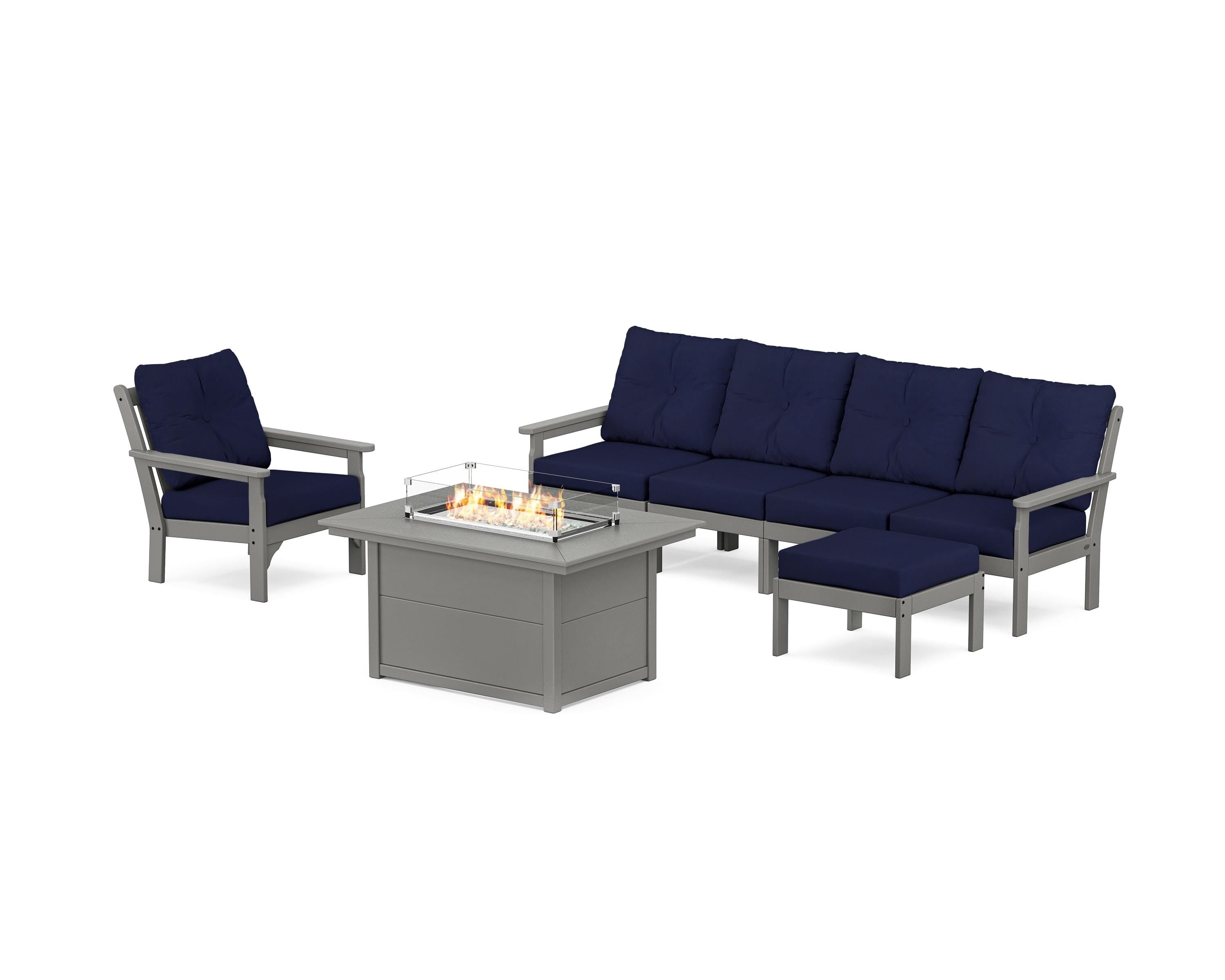 POLYWOOD Vineyard Sectional Lounge and Fire Pit Set in Slate Grey / Navy