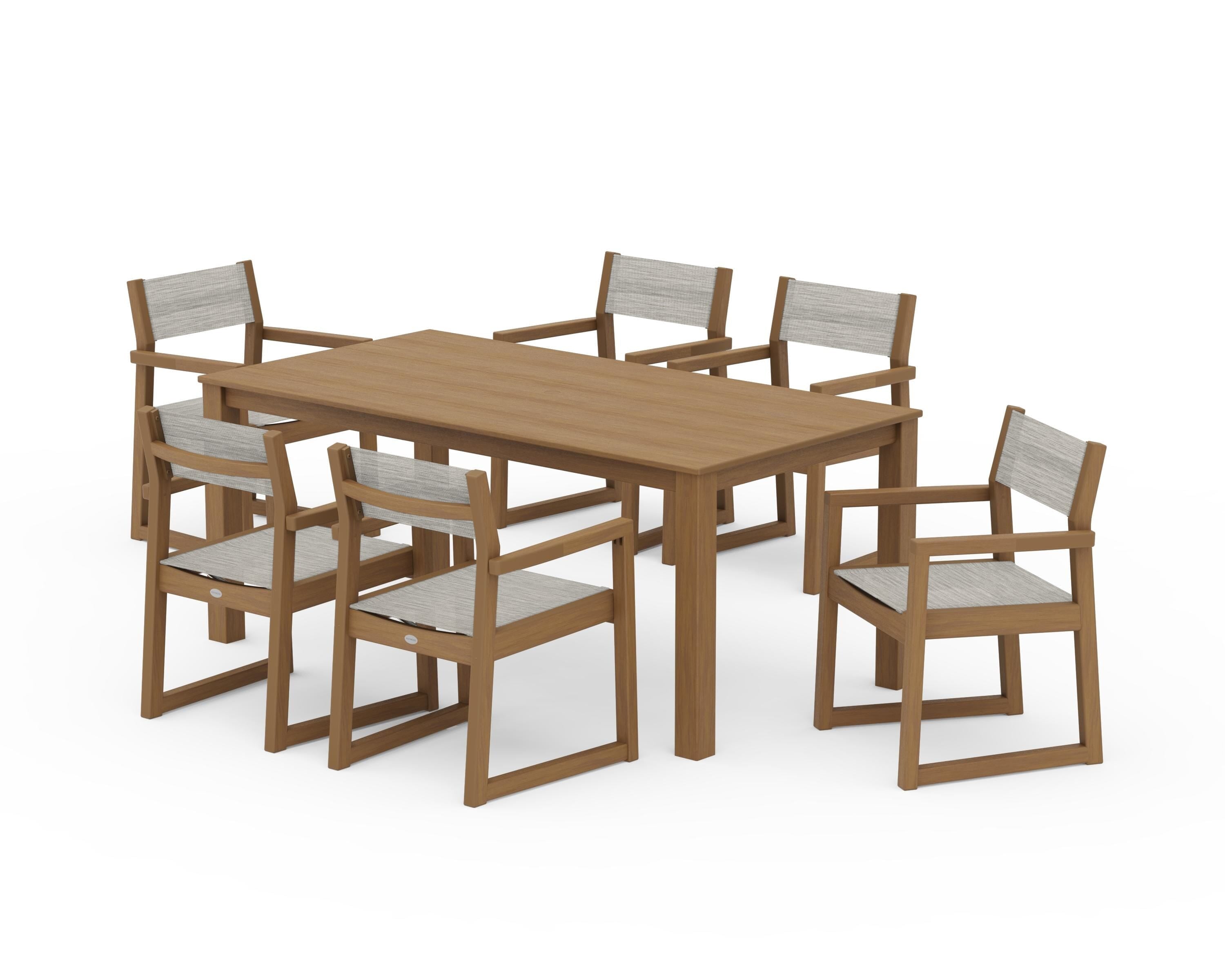 POLYWOOD EDGE Sling Arm Chair 7-Piece Parsons Dining Set in Natural / Birch Sling