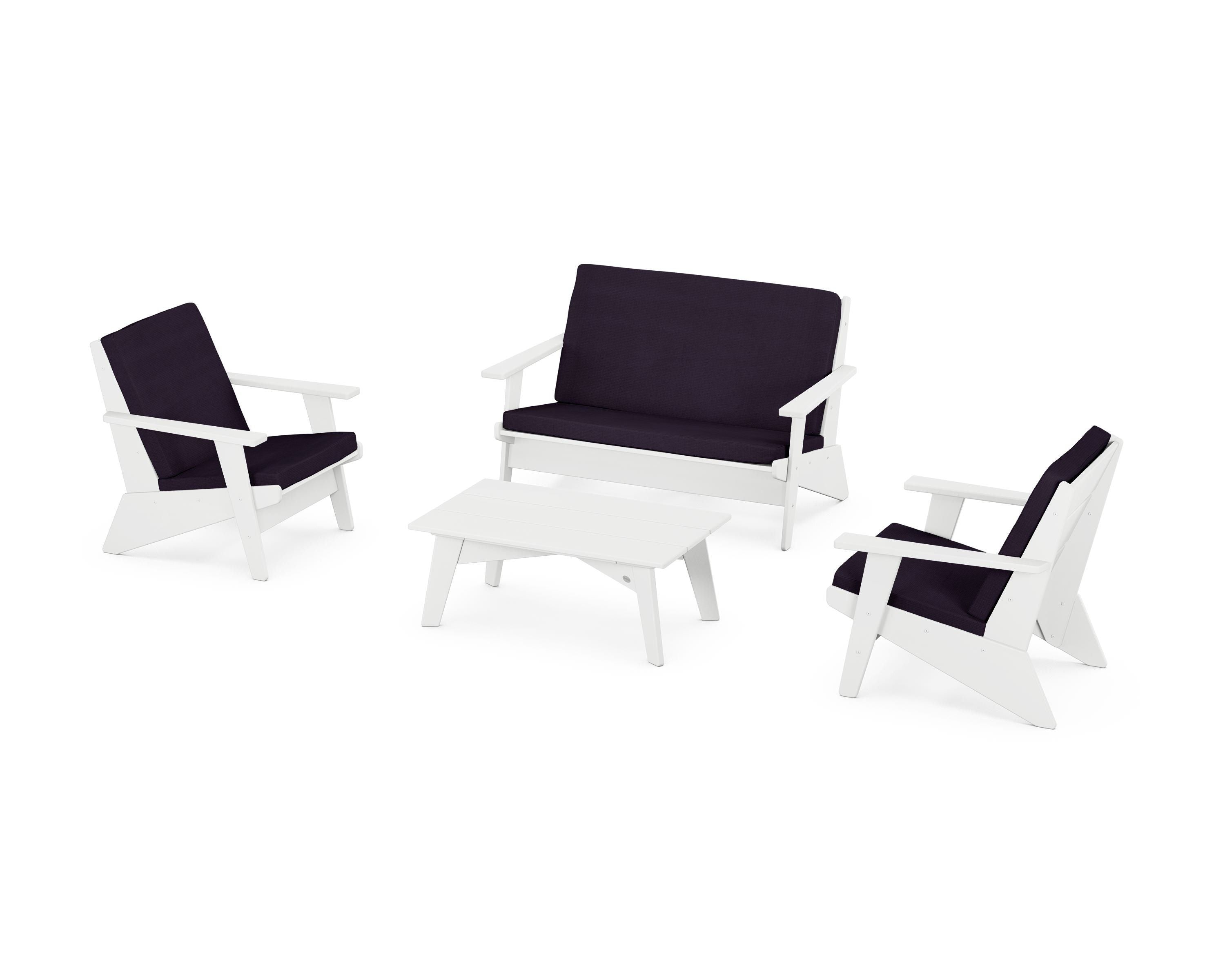 POLYWOOD Riviera Modern Lounge 4-Piece Set in White / Navy Linen