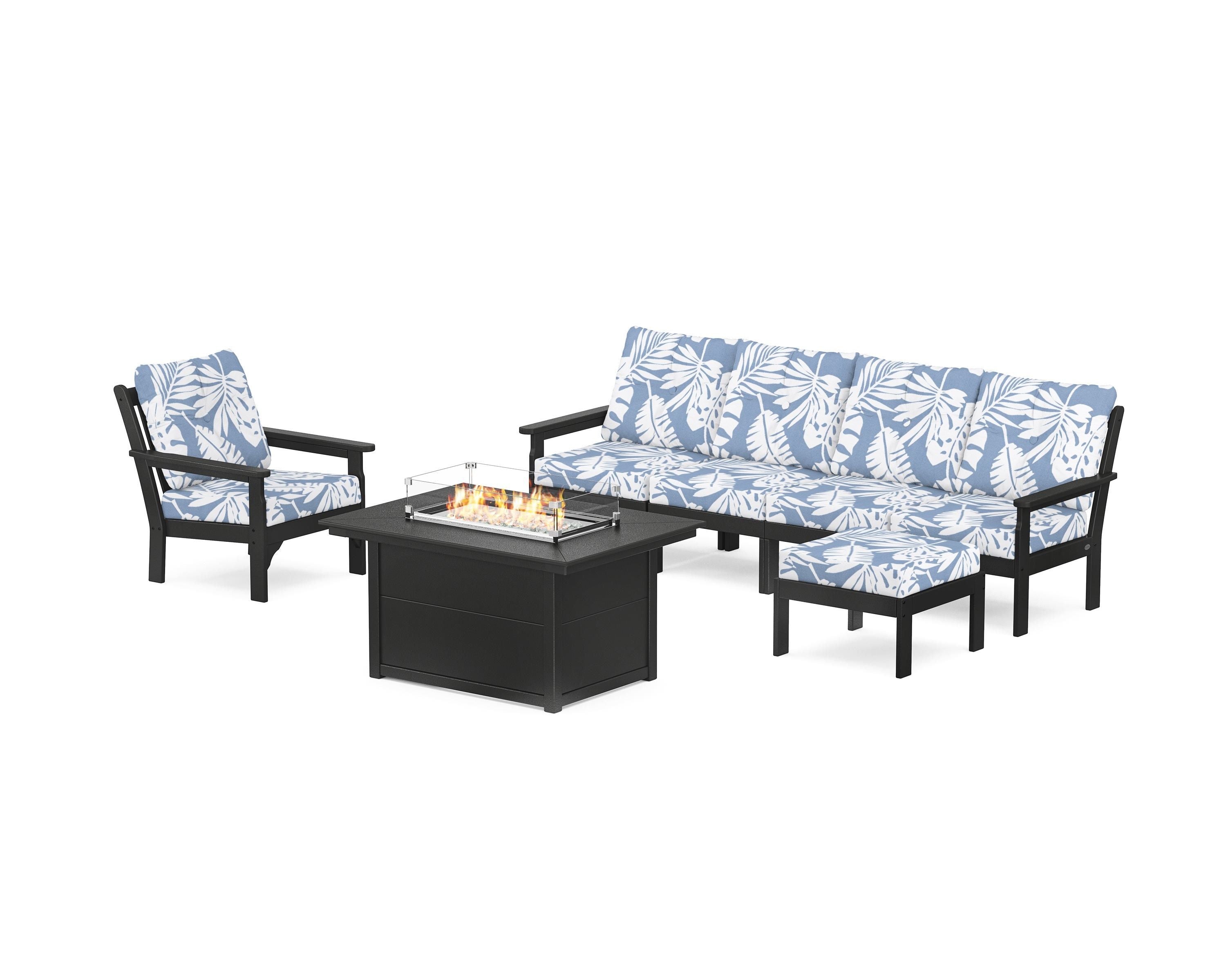 POLYWOOD Vineyard Sectional Lounge and Fire Pit Set in Black / Leaf Sky Blue