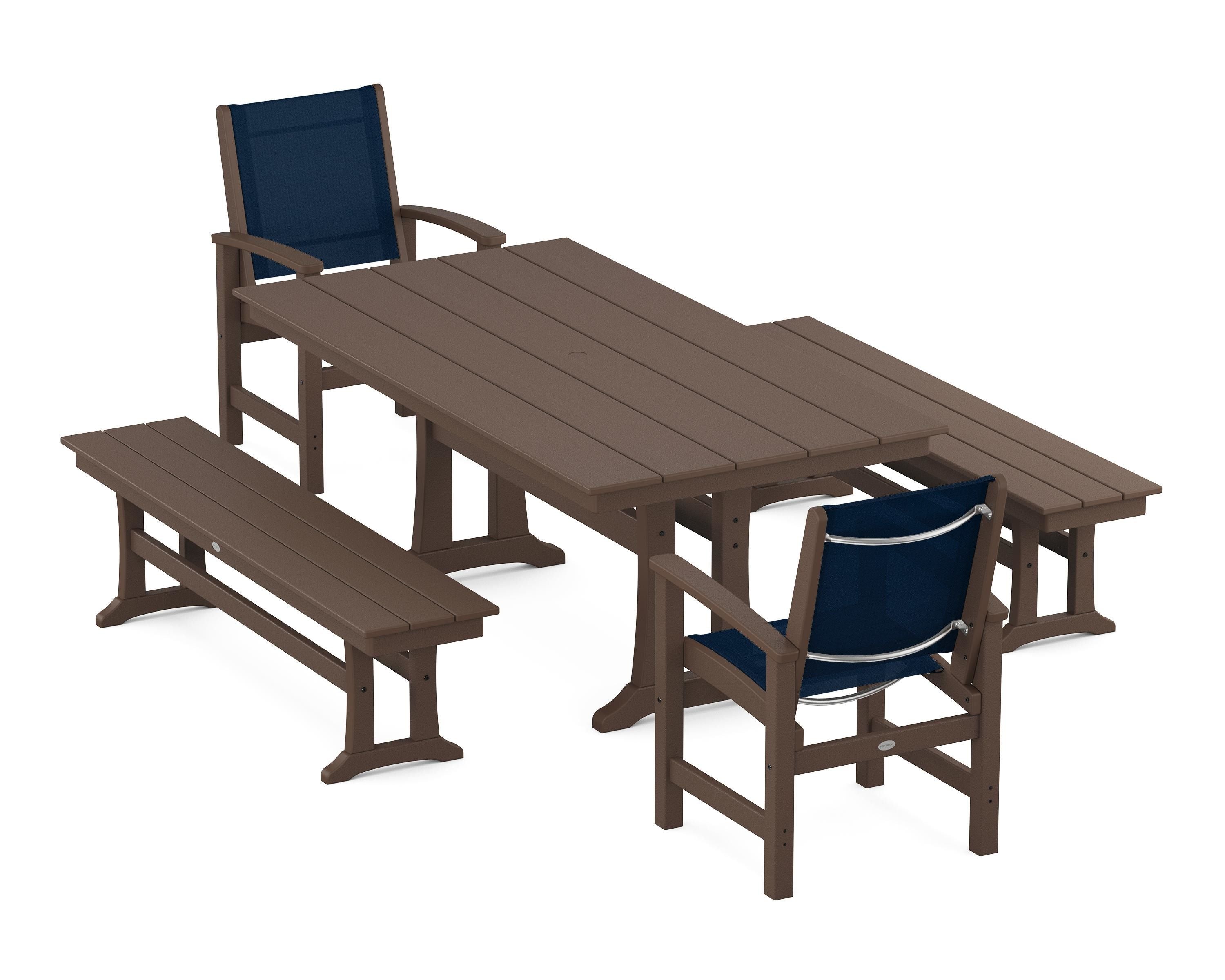 POLYWOOD Coastal 5-Piece Farmhouse Dining Set with Trestle Legs and Benches in Mahogany / Navy Blue Sling