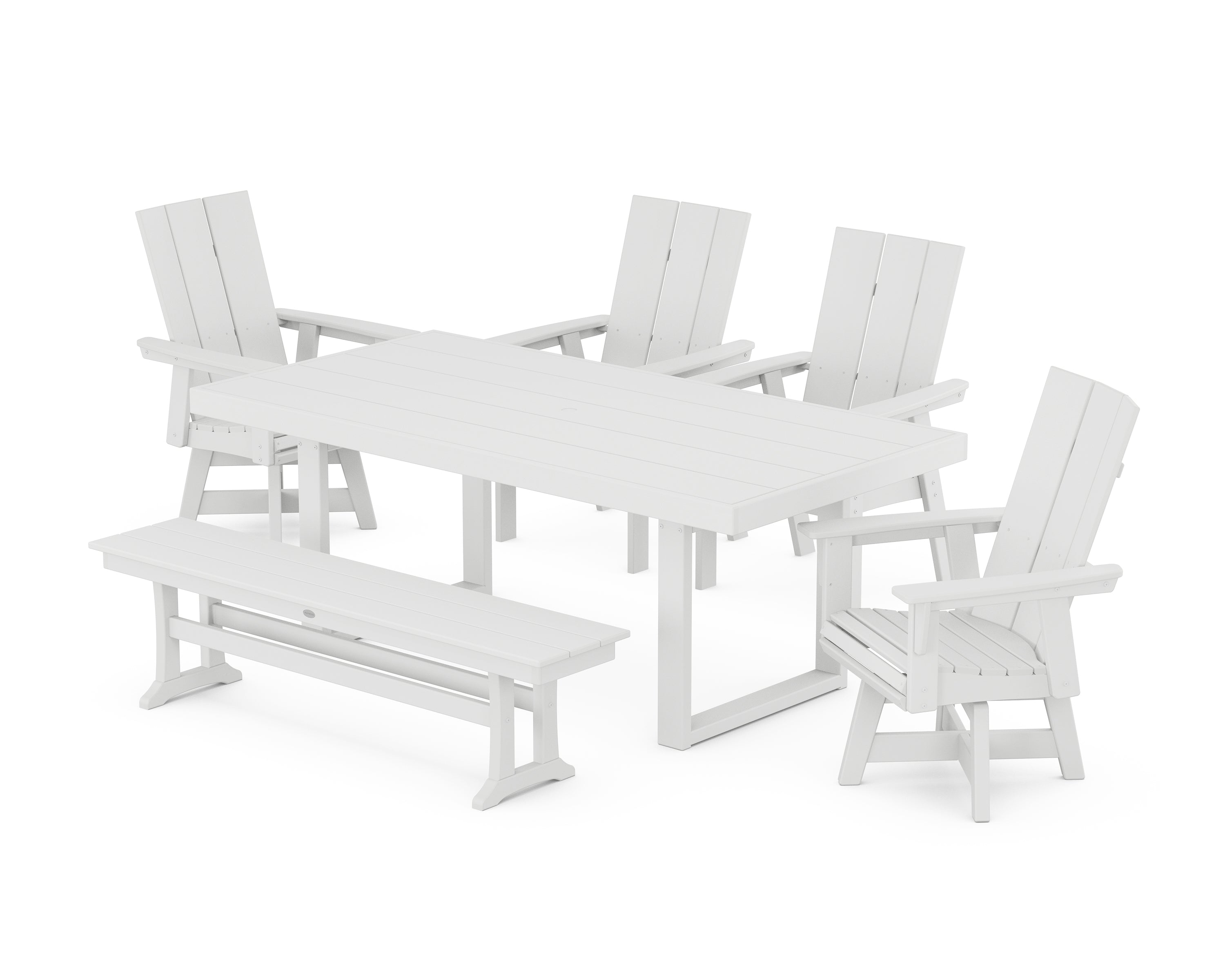 POLYWOOD® Modern Curveback Adirondack Swivel Chair 6-Piece Dining Set with Bench in White