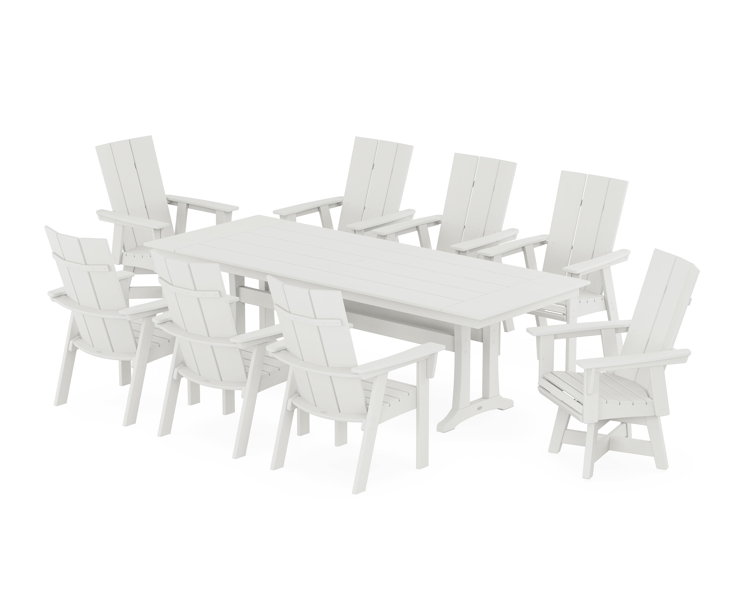 POLYWOOD® Modern Curveback Adirondack Swivel 9-Piece Farmhouse Dining Set with Trestle Legs in Vintage White