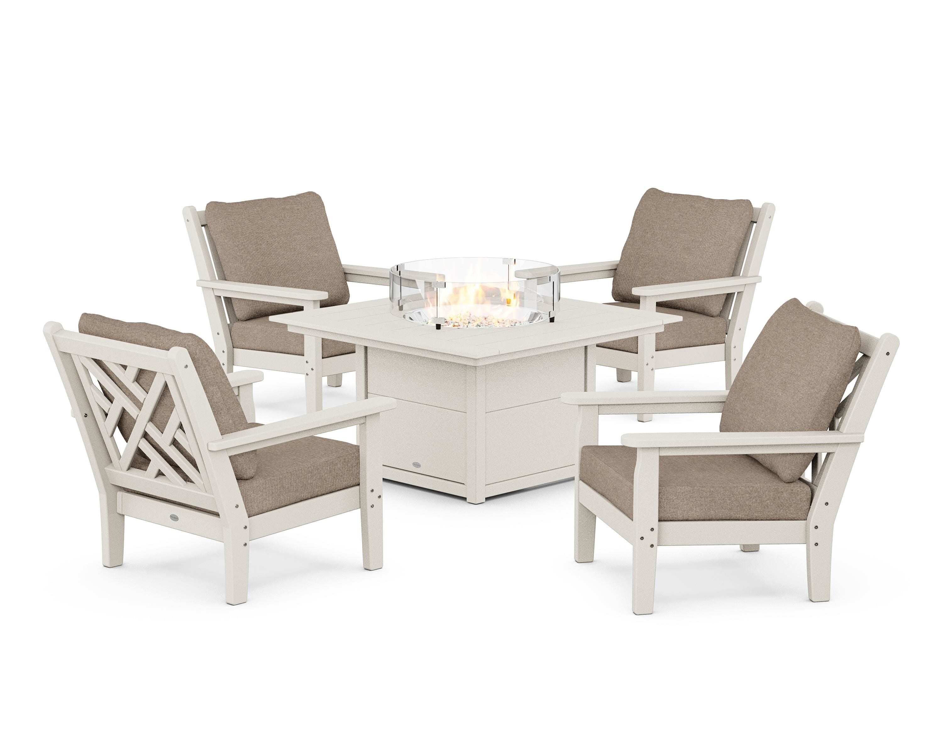 POLYWOOD Chippendale 5-Piece Deep Seating Set with Fire Pit Table in Sand / Spiced Burlap